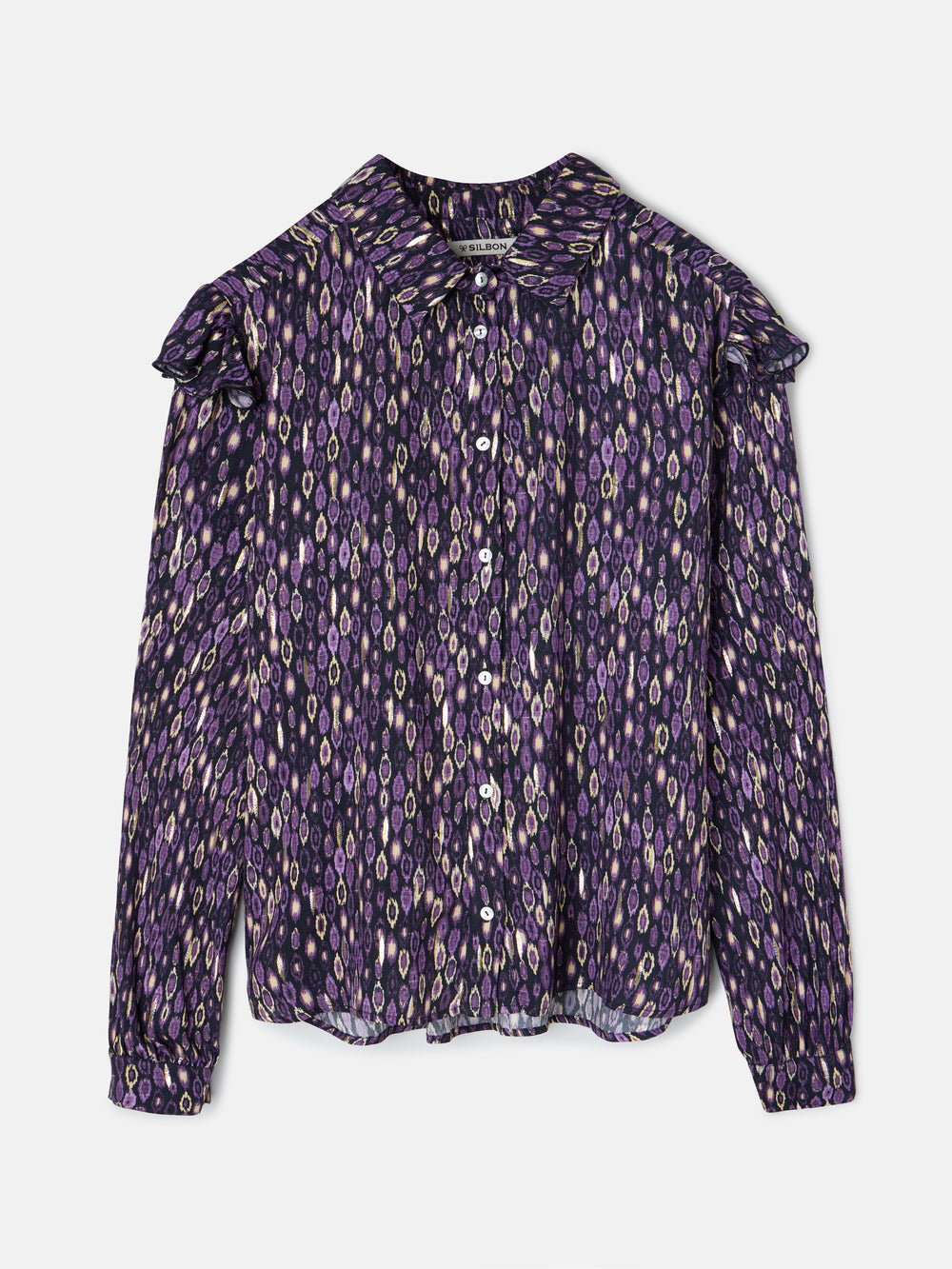 Camisa volantes hombro estampado ikat morados