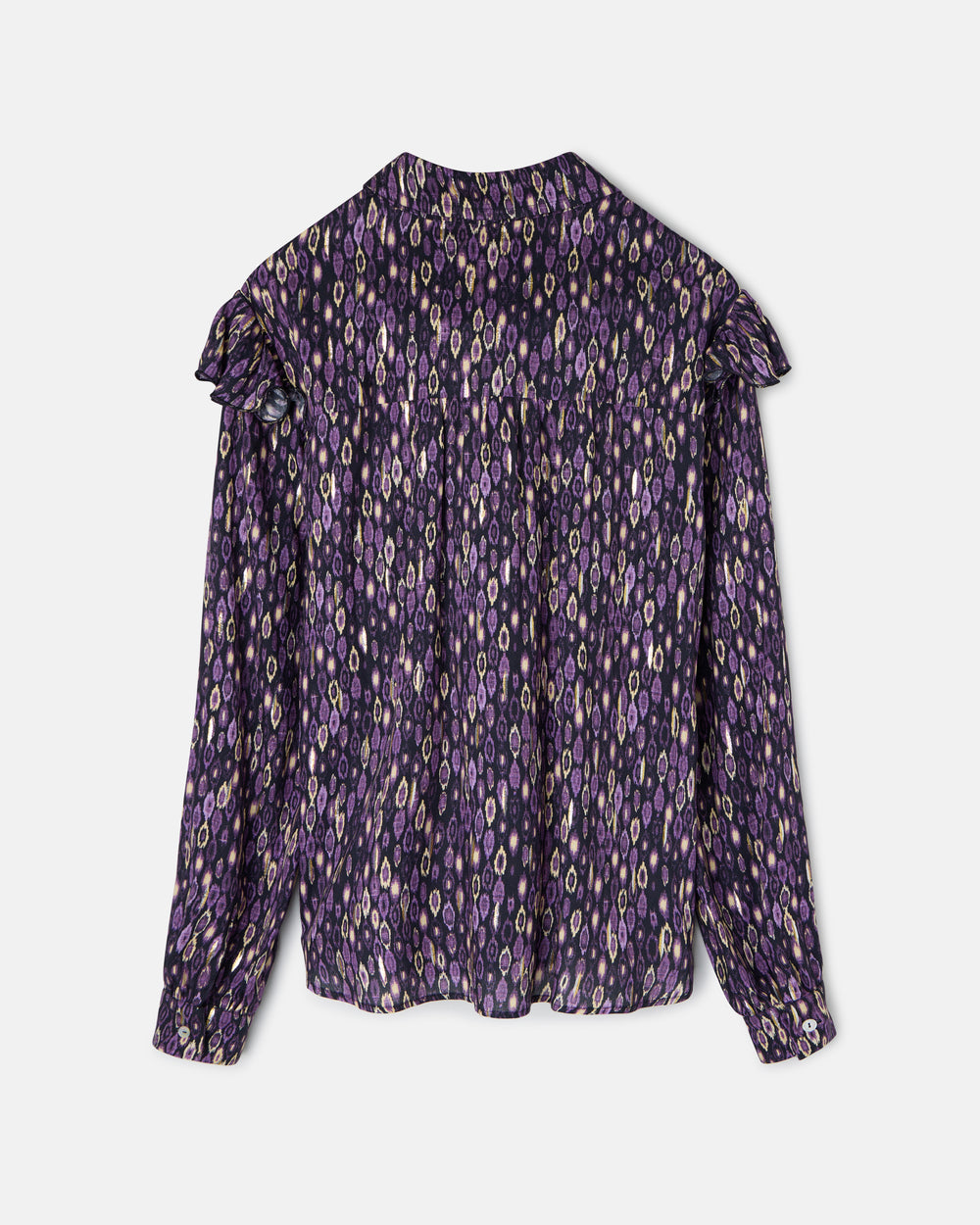Camisa volantes hombro estampado ikat morados