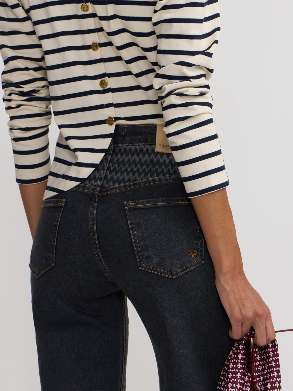 Gray herringbone print denim pants