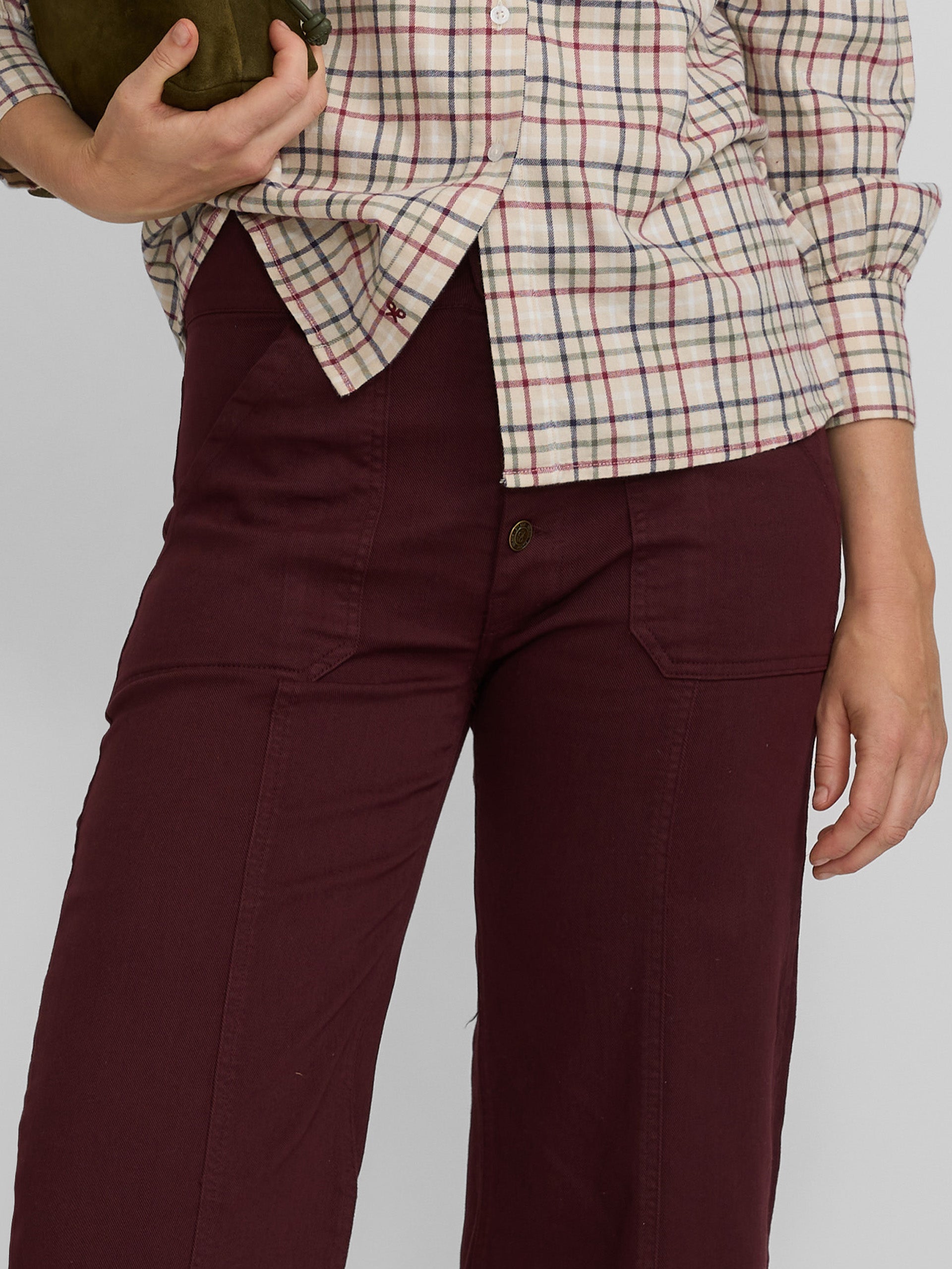 Burgundy turn-up denim pants