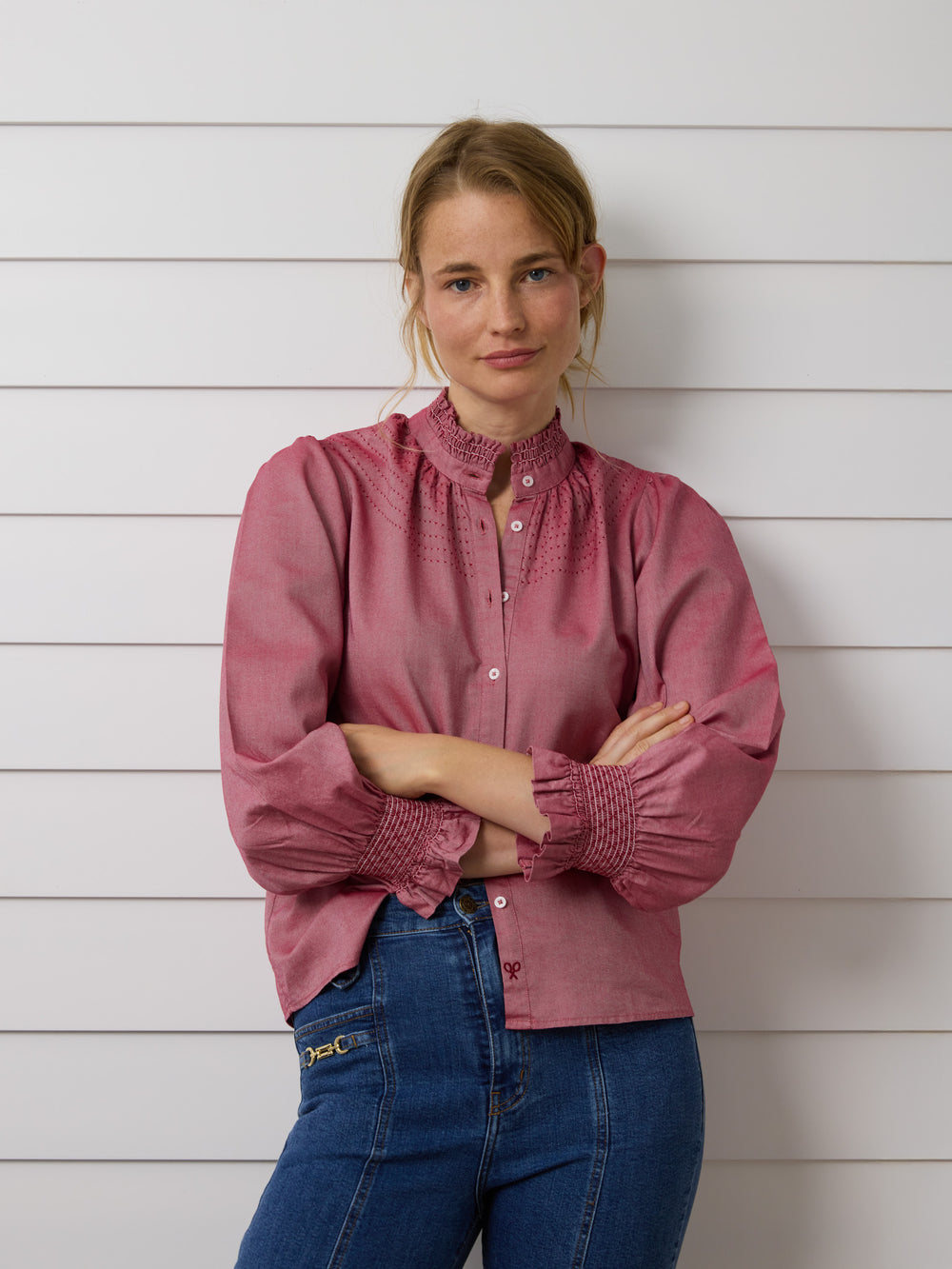 Burgundy gathered cuff shirt