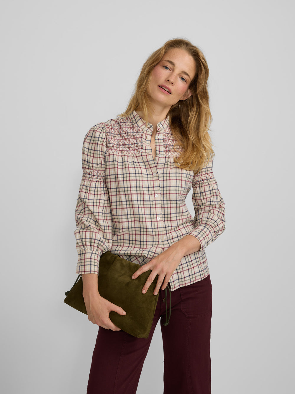 Garnet and blue checked gathered shirt