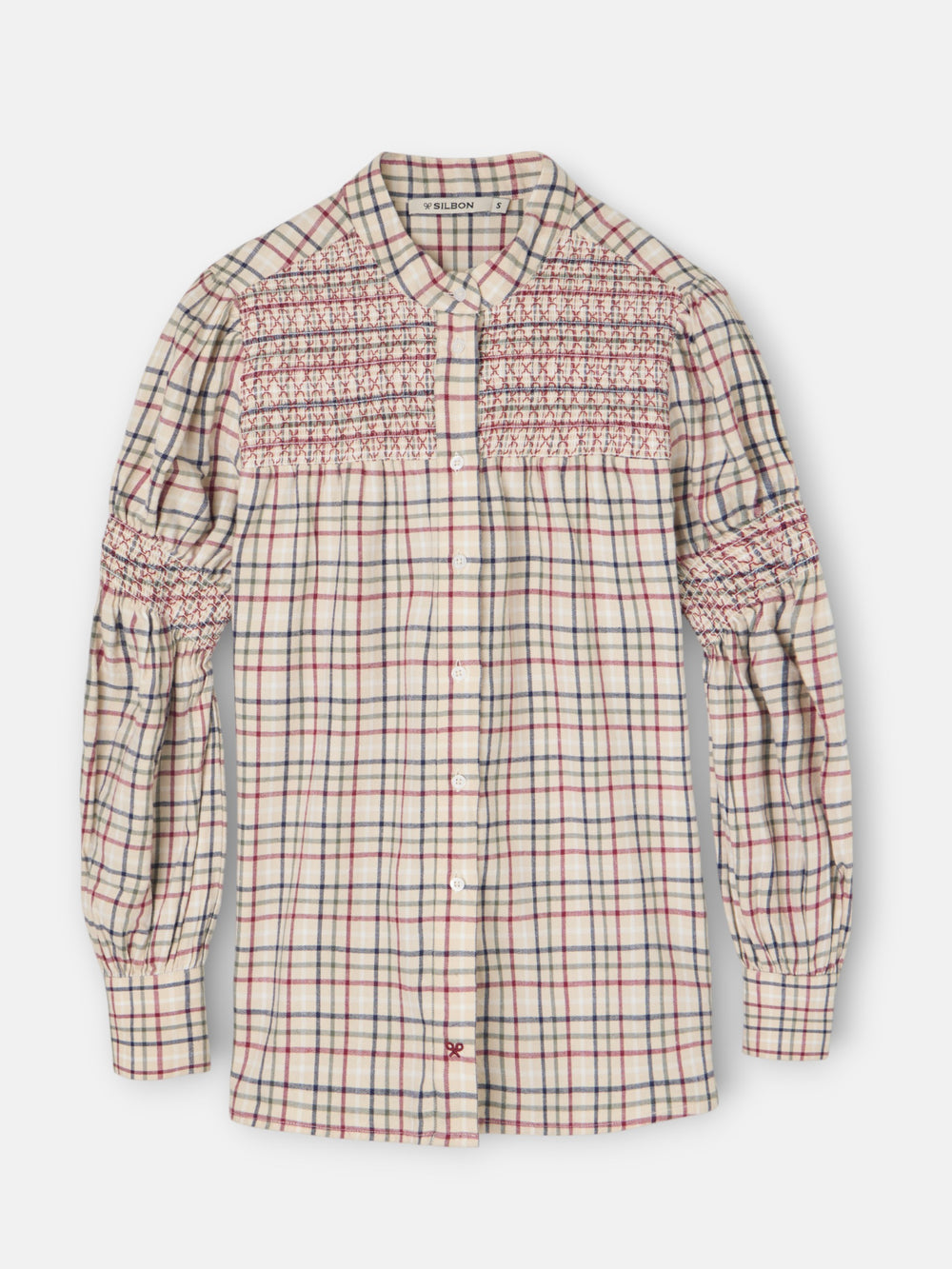Garnet and blue checked gathered shirt