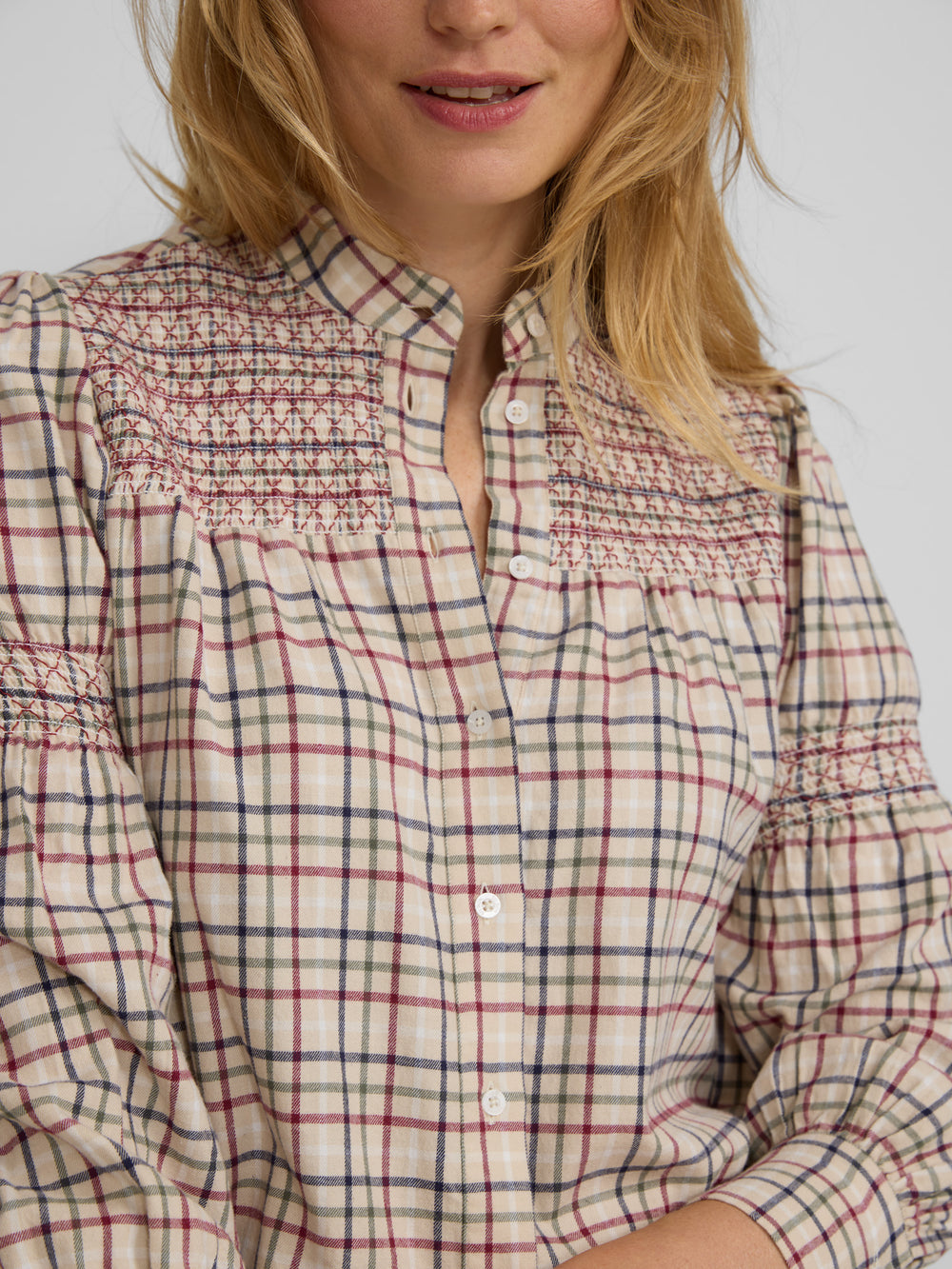 Garnet and blue checked gathered shirt