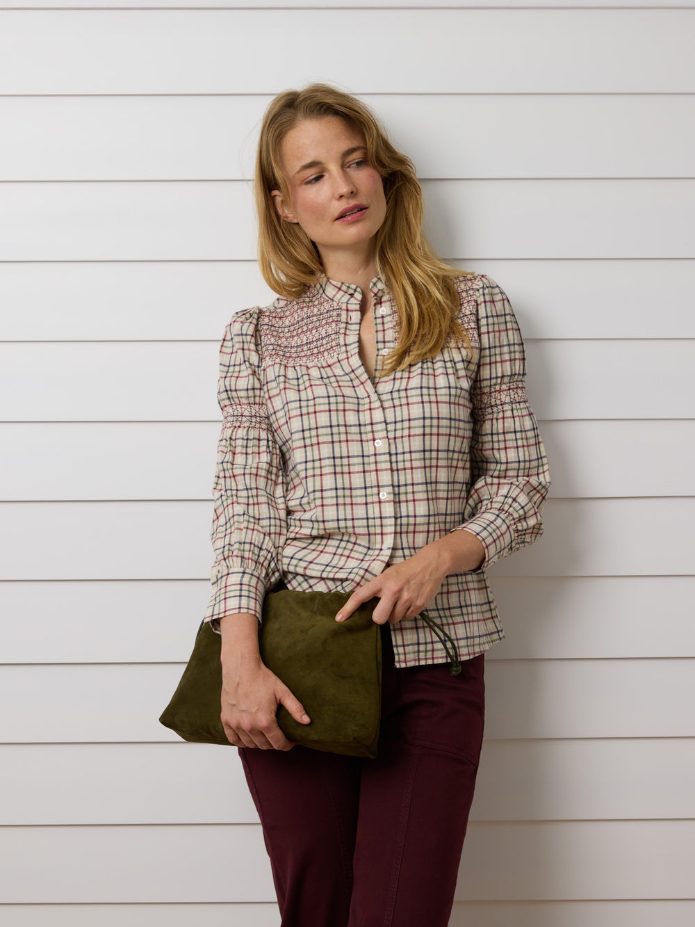 Garnet and blue checked gathered shirt
