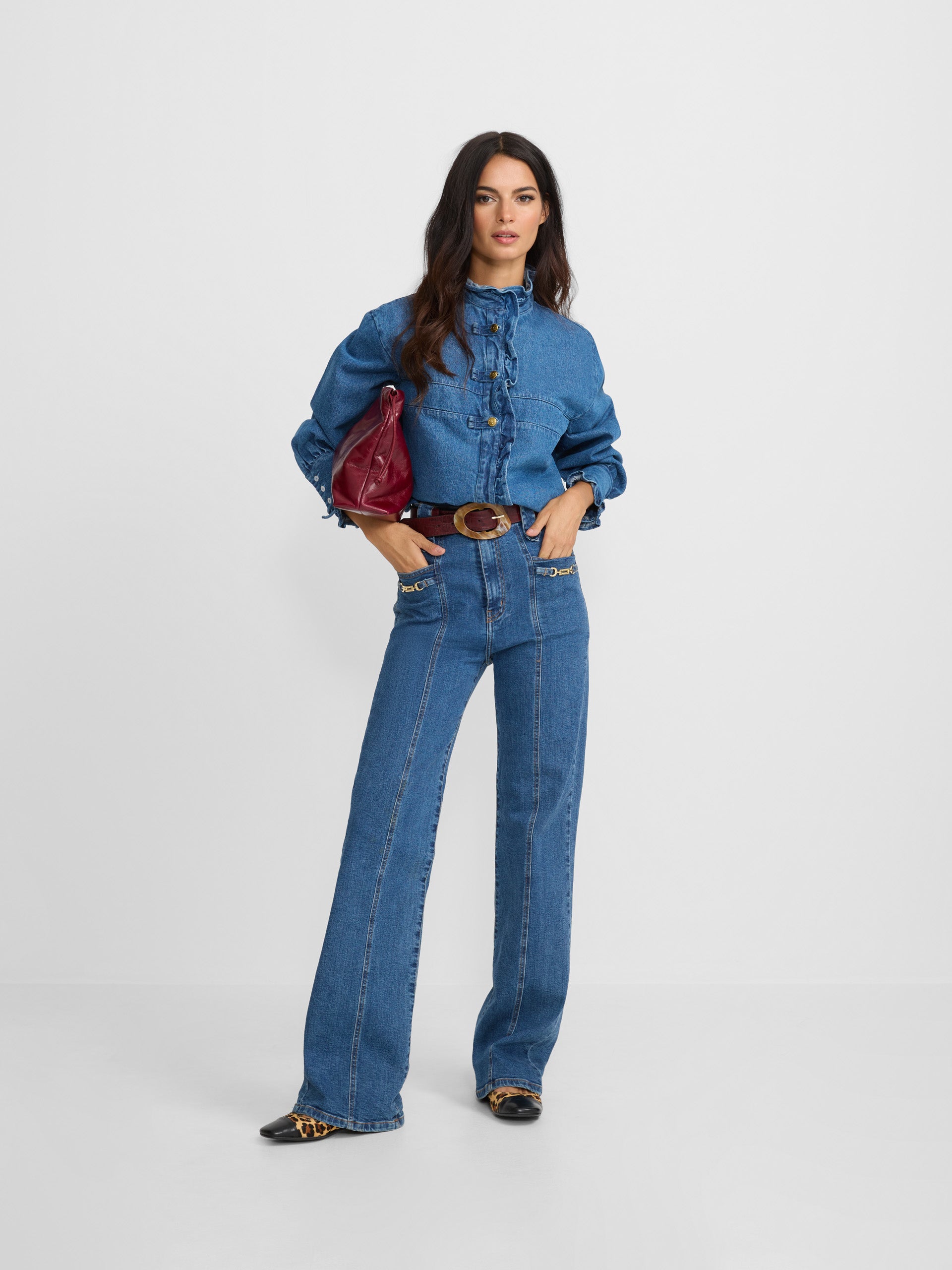 Denim lapel ruffled shirt