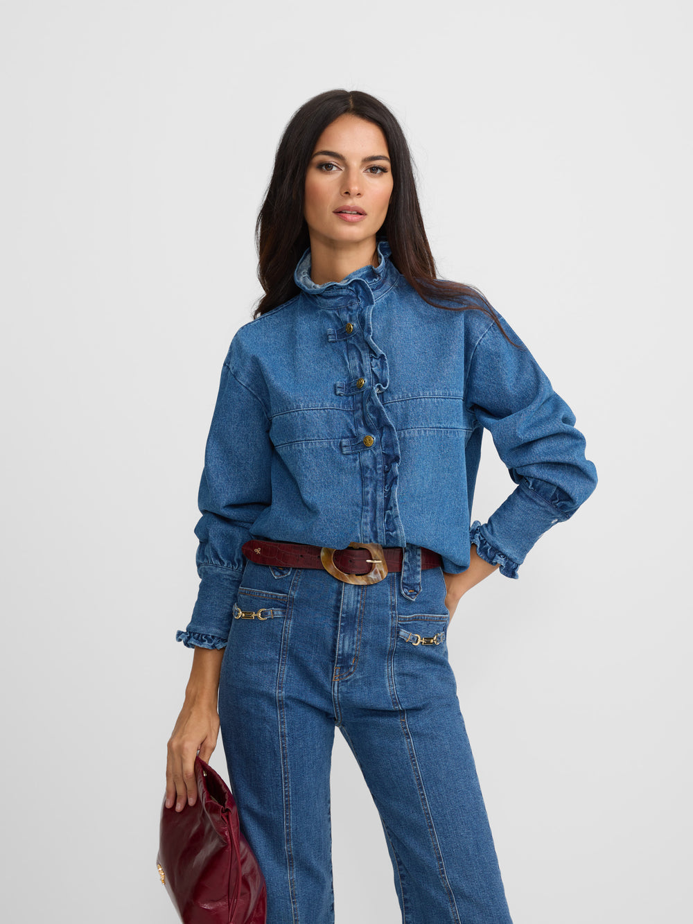 Camisa volantes solapa denim
