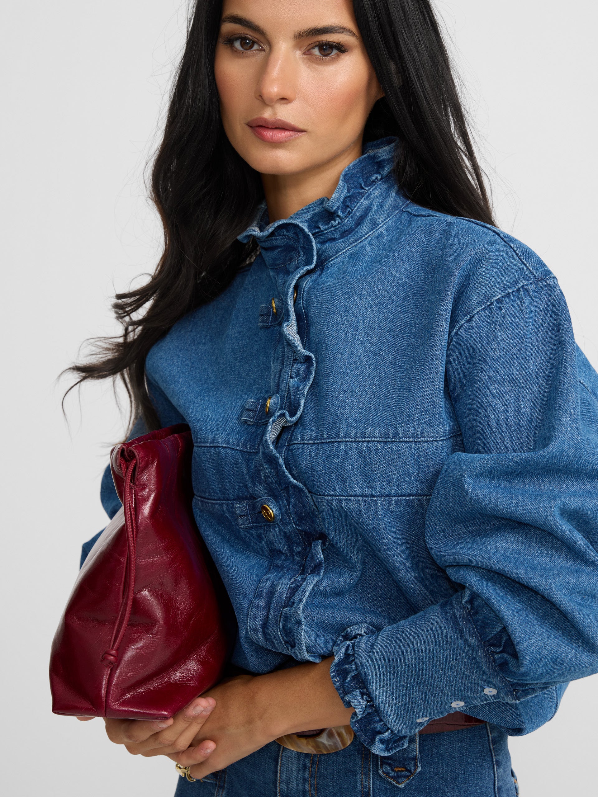 Denim lapel ruffled shirt