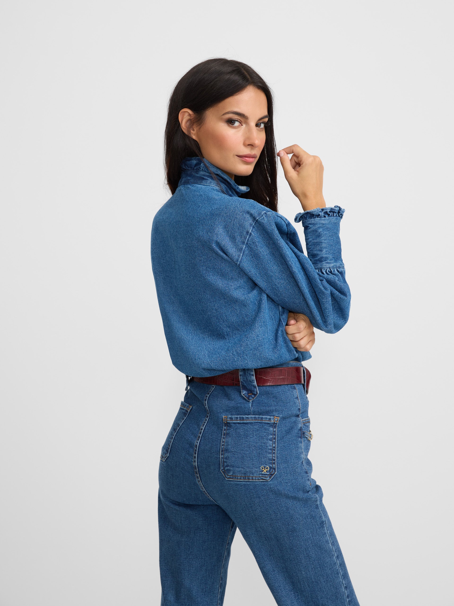 Denim lapel ruffled shirt