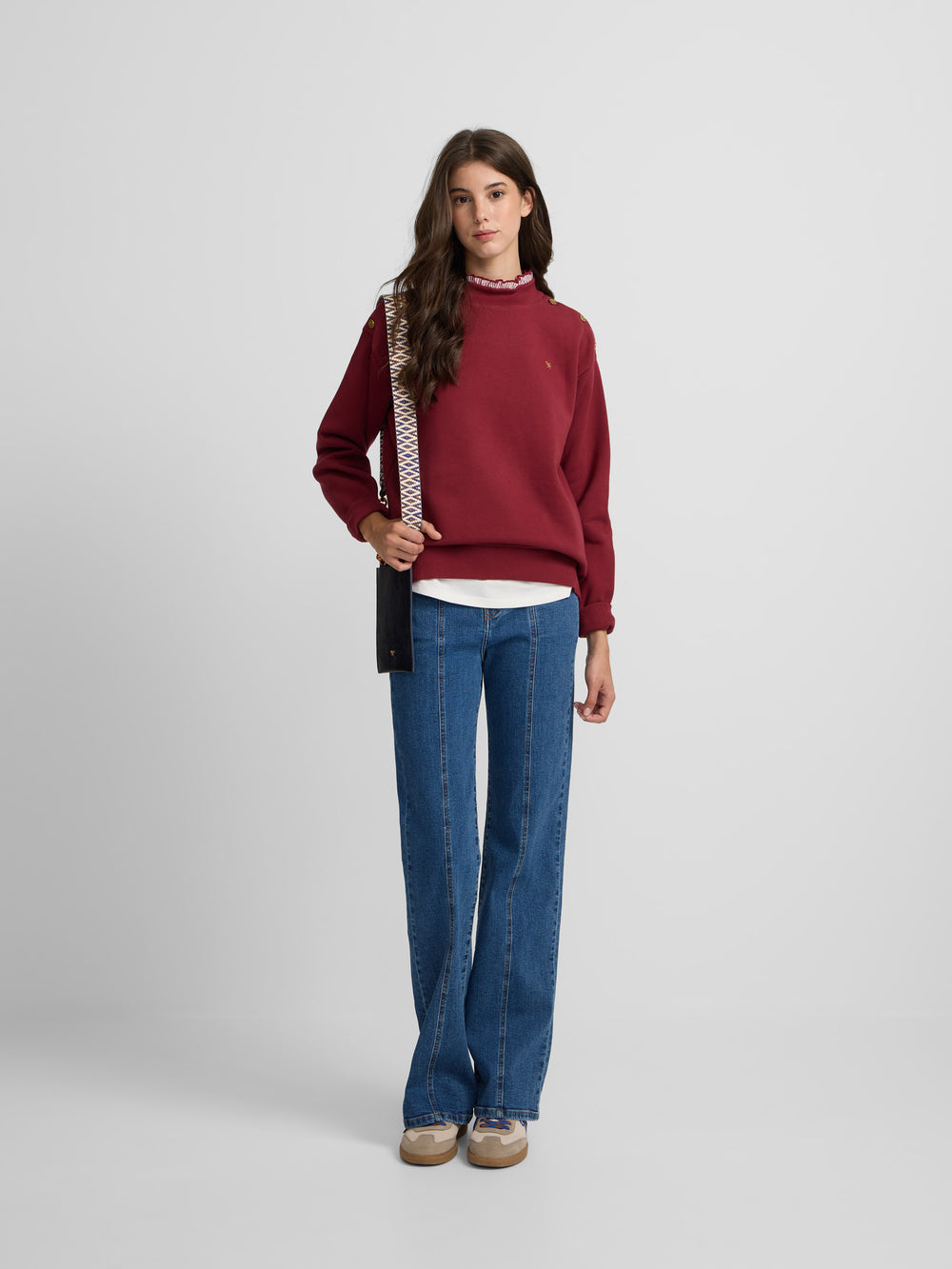 Sweat-shirt femme col volant bordeaux