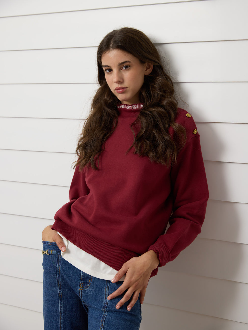 Sweat-shirt femme col volant bordeaux