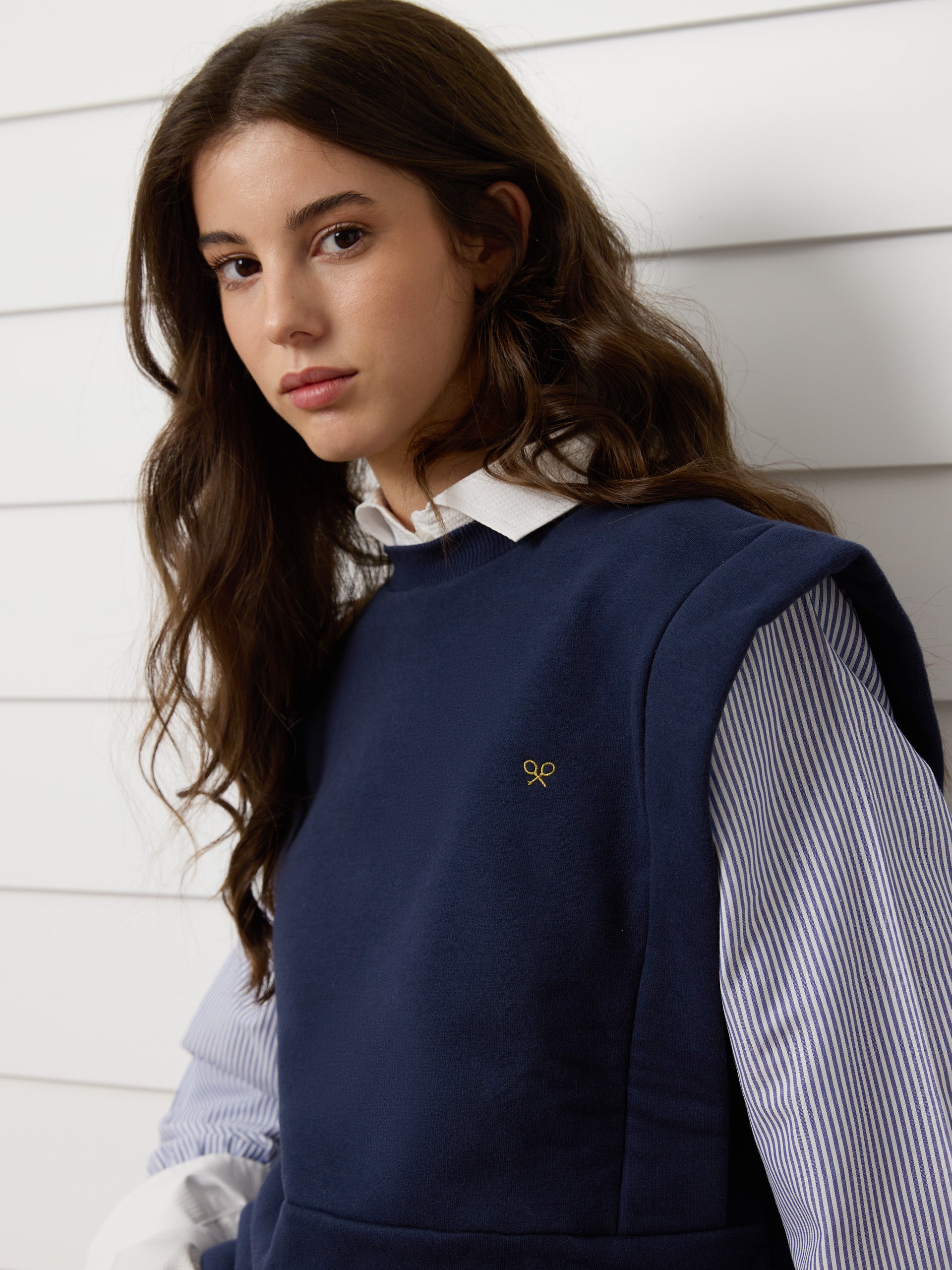 Sweatshirt mulher mangas tricot azul-marinho