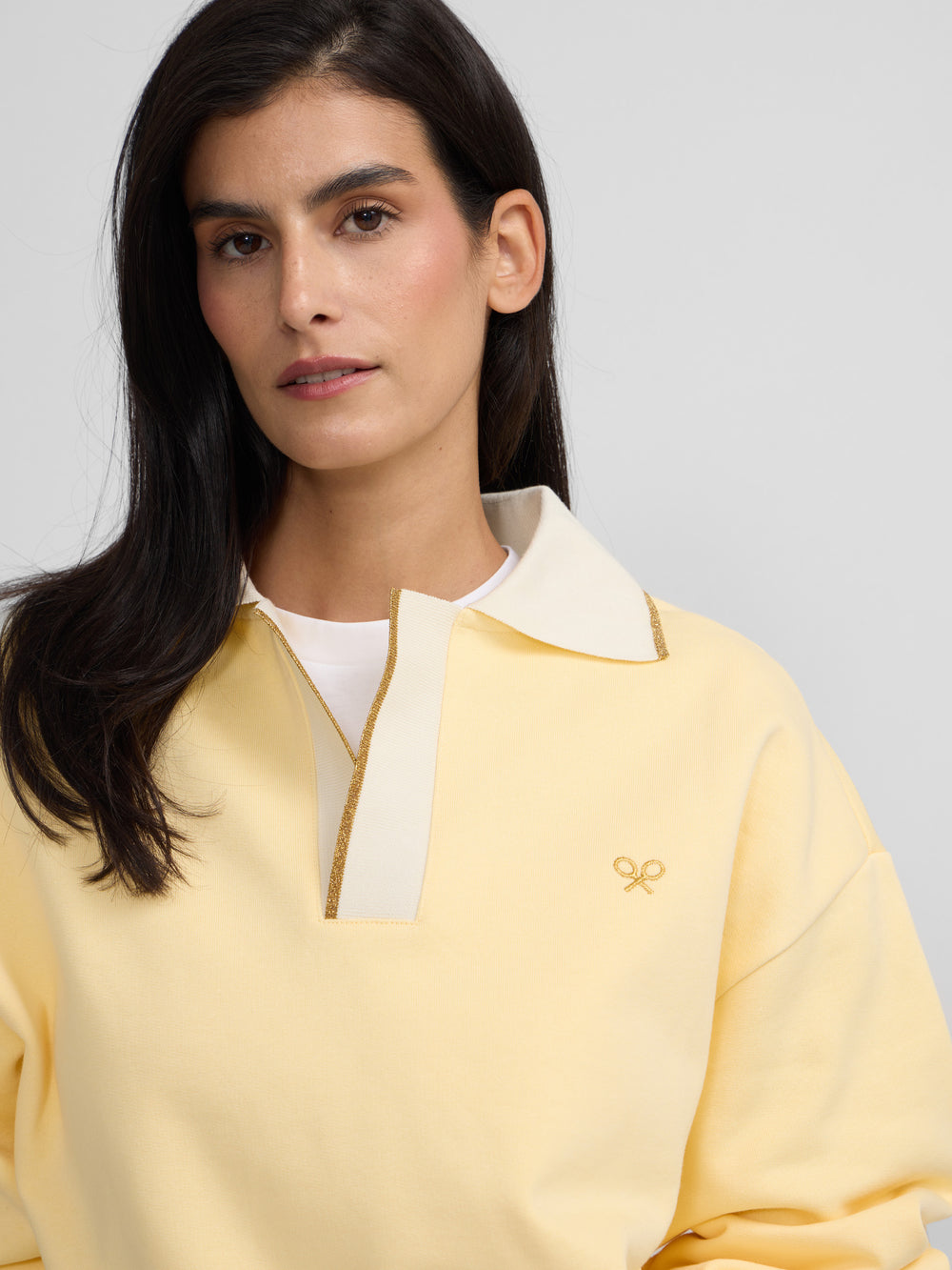 Sweat-shirt femme col polo jaune