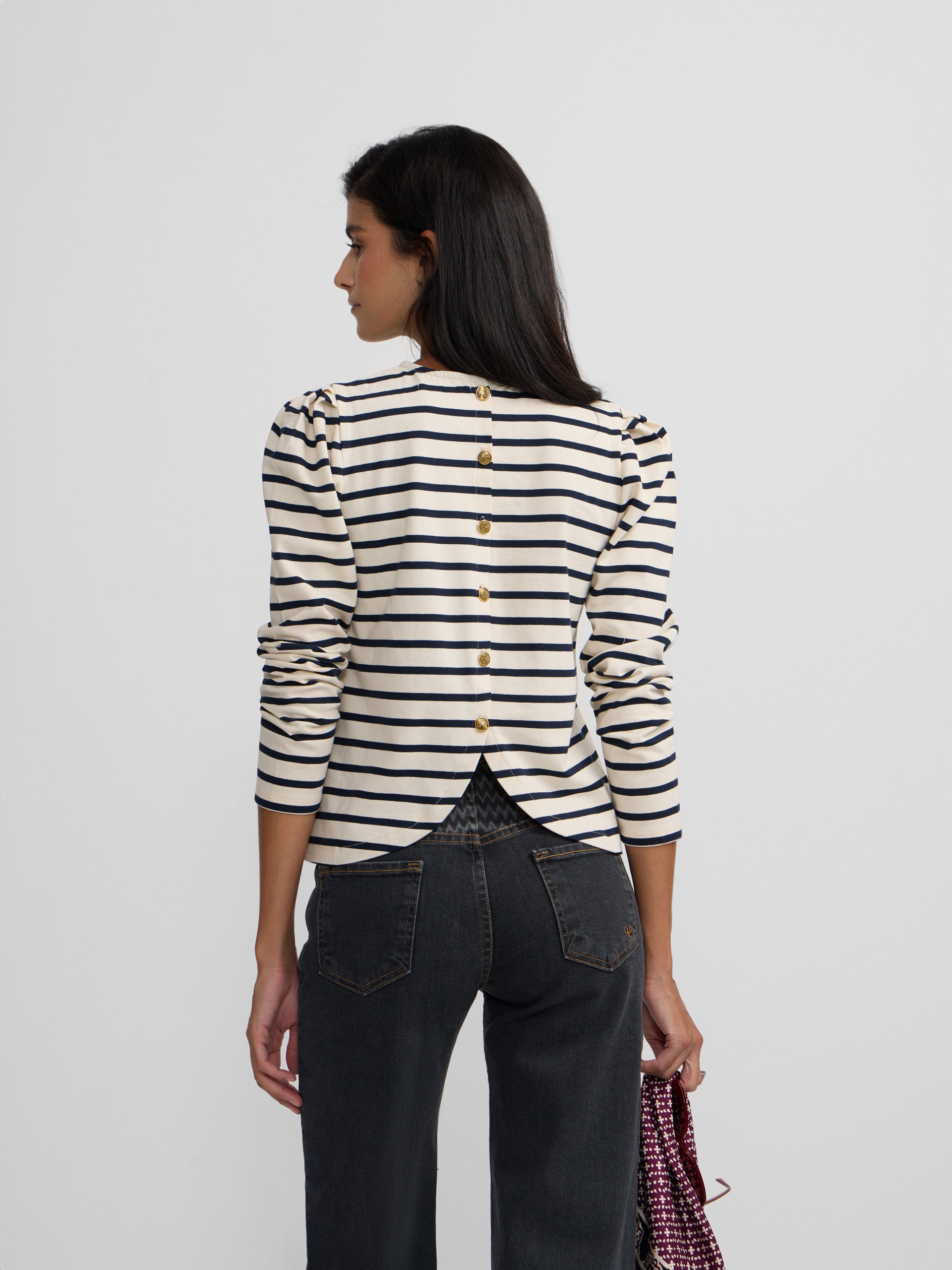 T-shirt femme boutons rayures bleu marine et crème