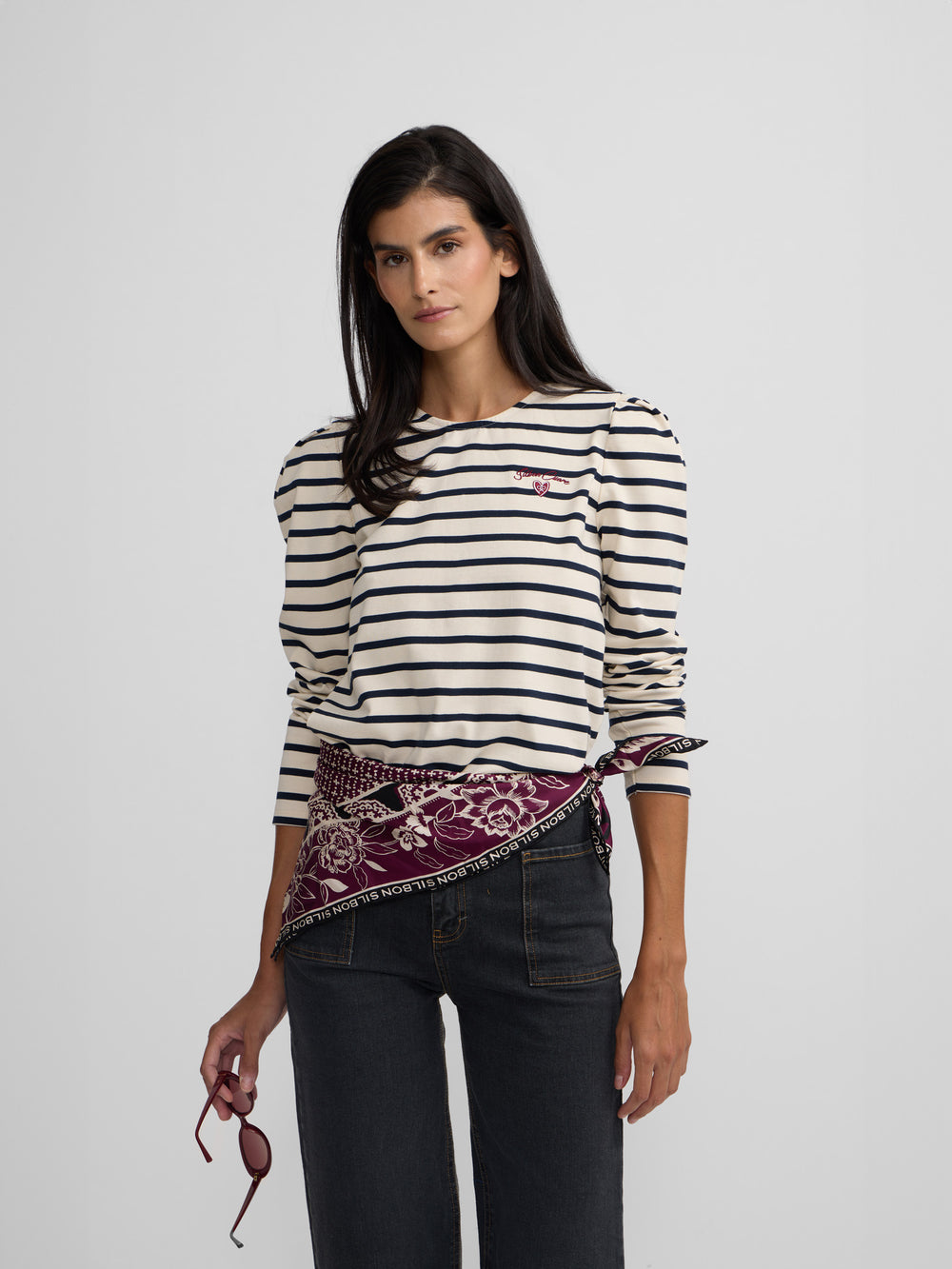 Camiseta woman botones rayas azul marino y crudo