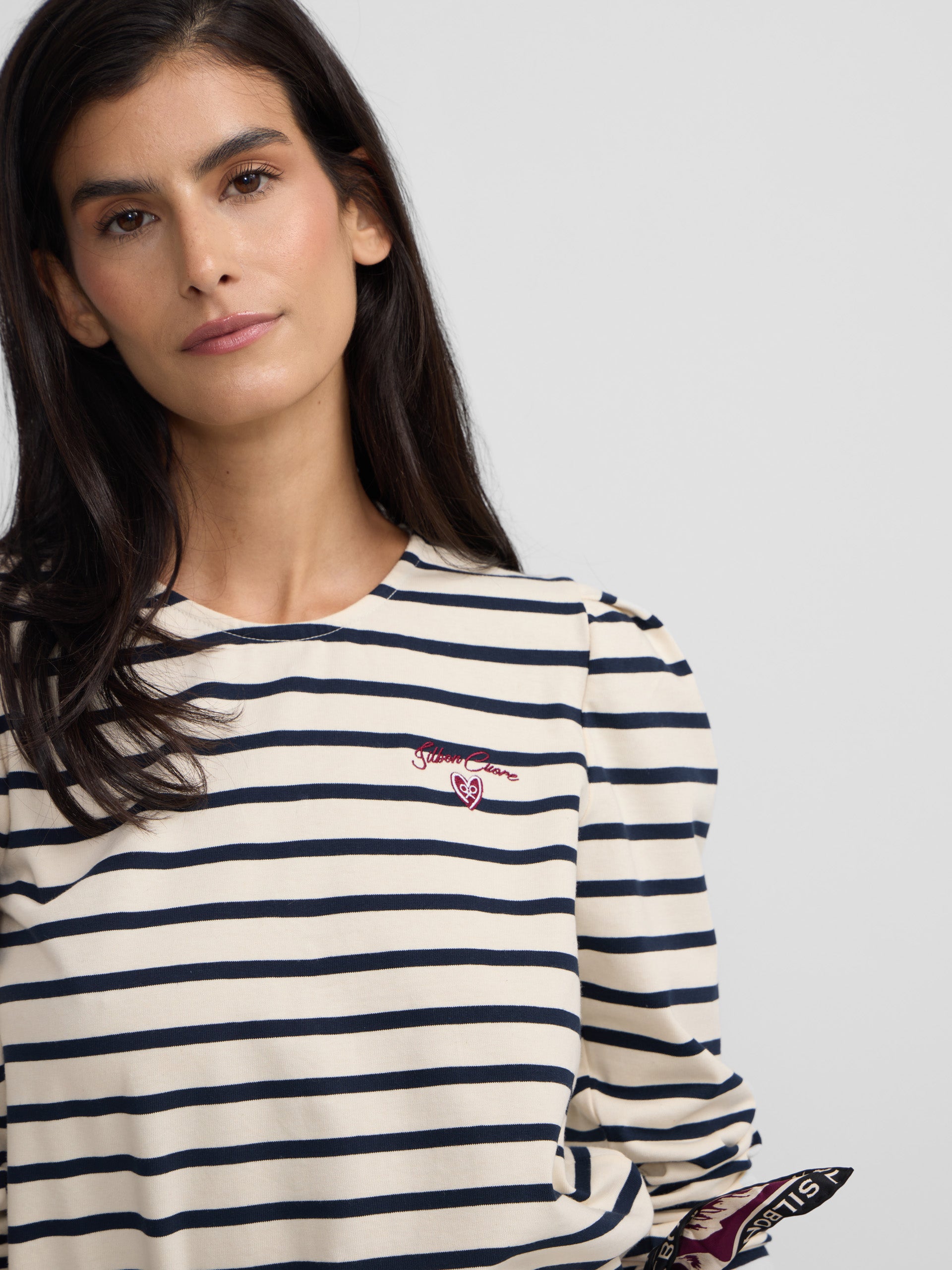 T-shirt femme boutons rayures bleu marine et crème