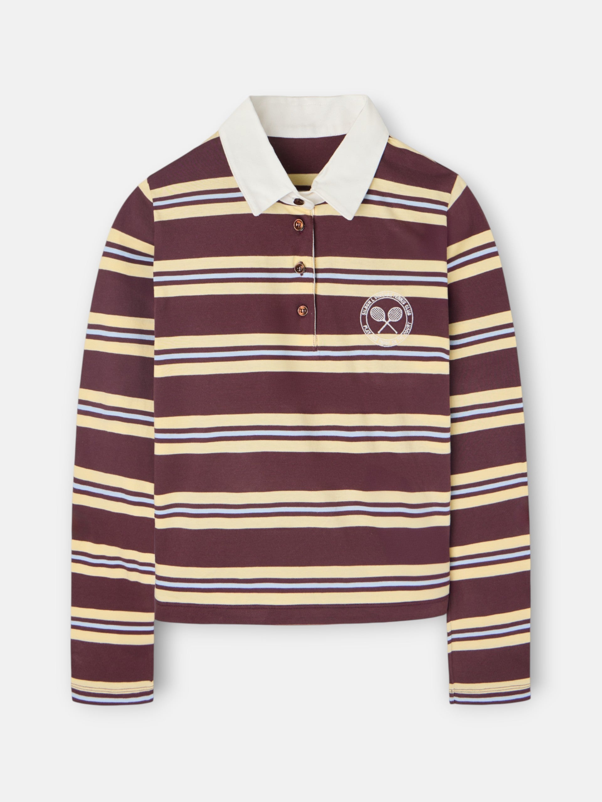 Women's polo shirt with burgundy and yellow stripes