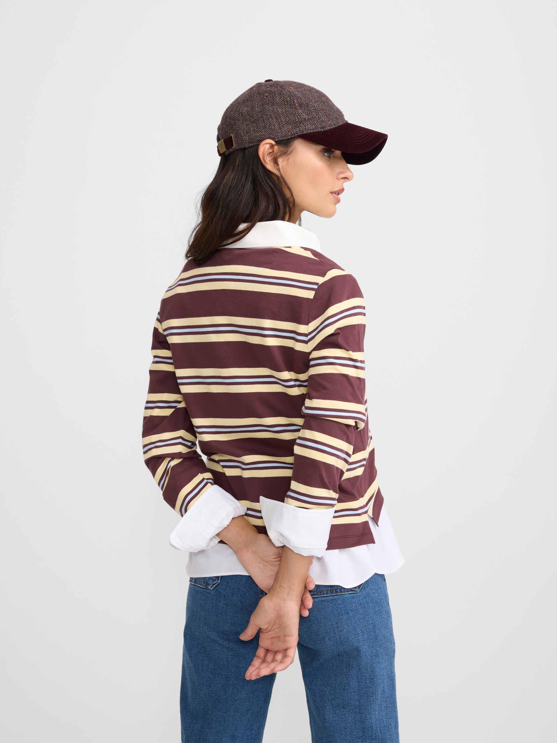 Women's polo shirt with burgundy and yellow stripes
