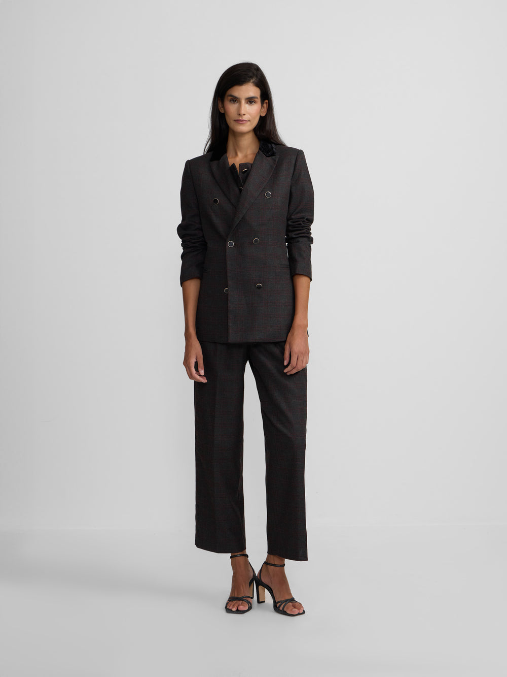 Blazer cruzado aos quadrados cinzentos e bordeaux