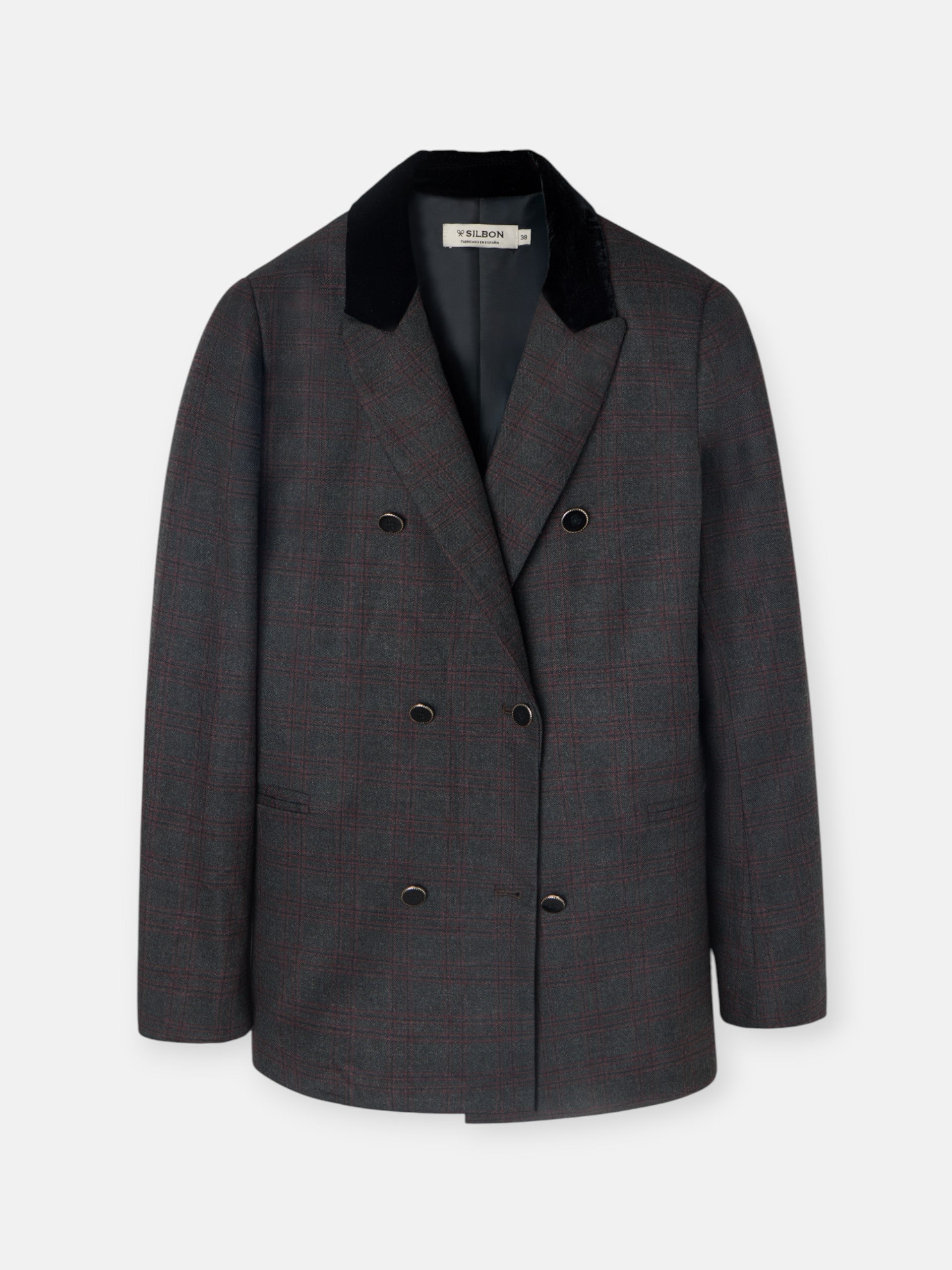 Gray and burgundy checked double-breasted blazer