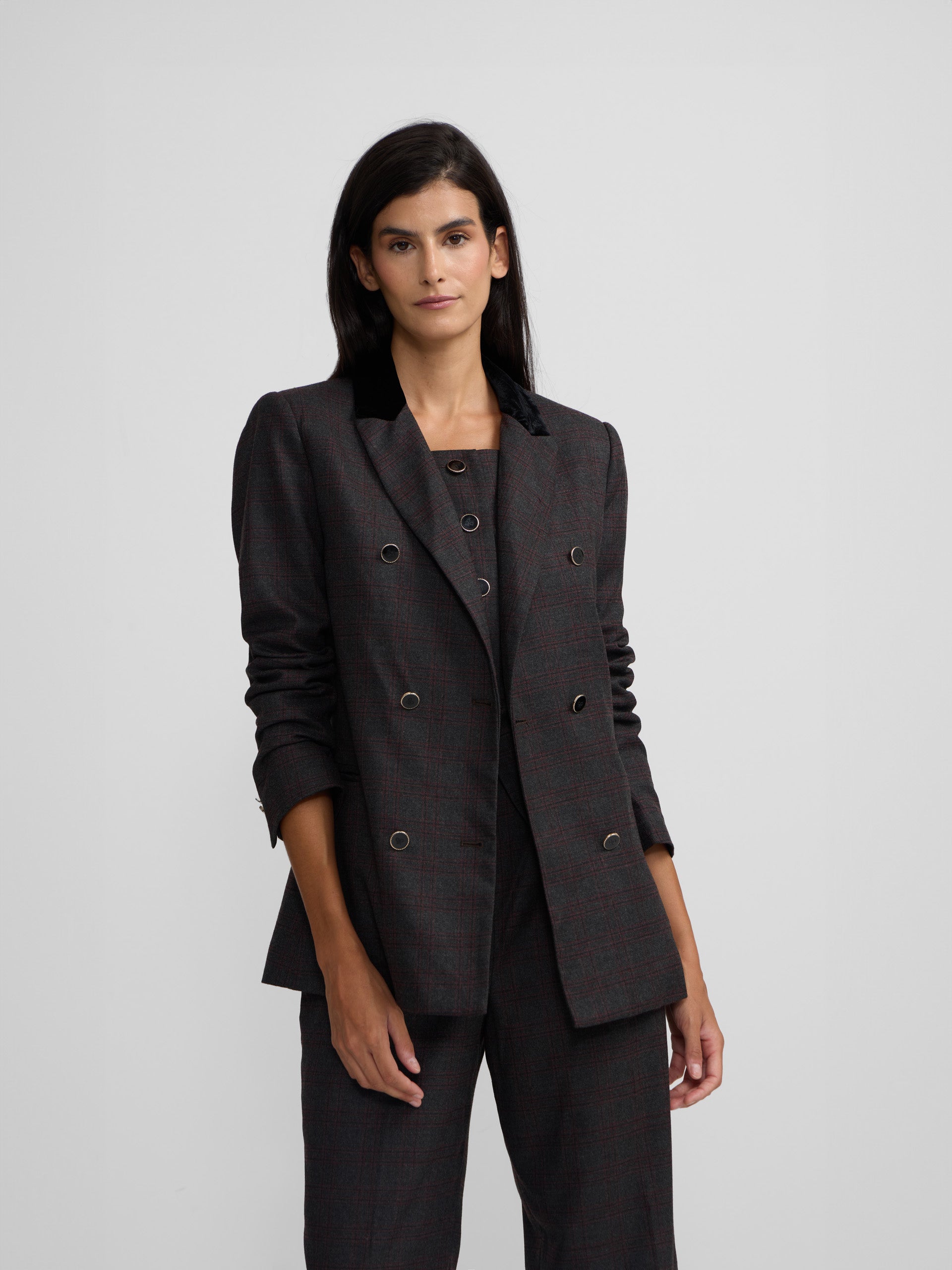 Gray and burgundy checked double-breasted blazer