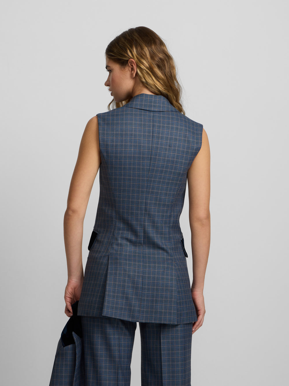 Chaleco largo cruzado cuadros azules