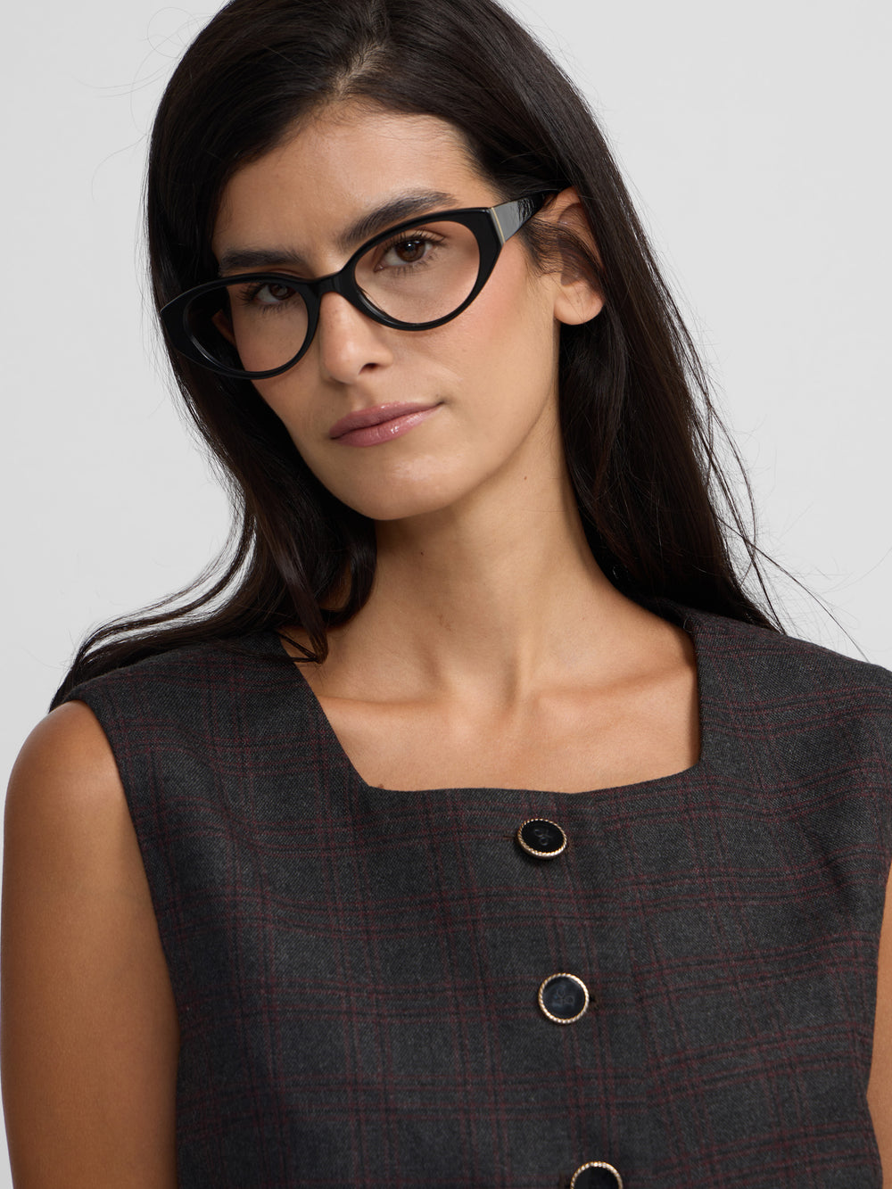 Chaleco largo cuadros grises y burdeos