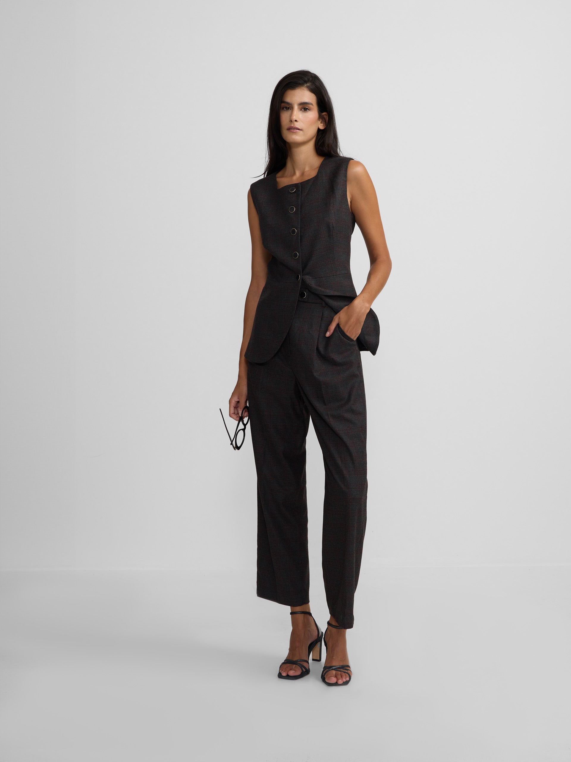 Gray and burgundy checked dress pants