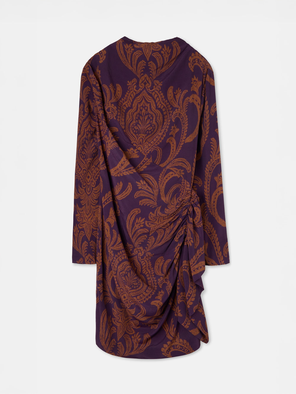 Vestido mini drapeado estampado morado y camel