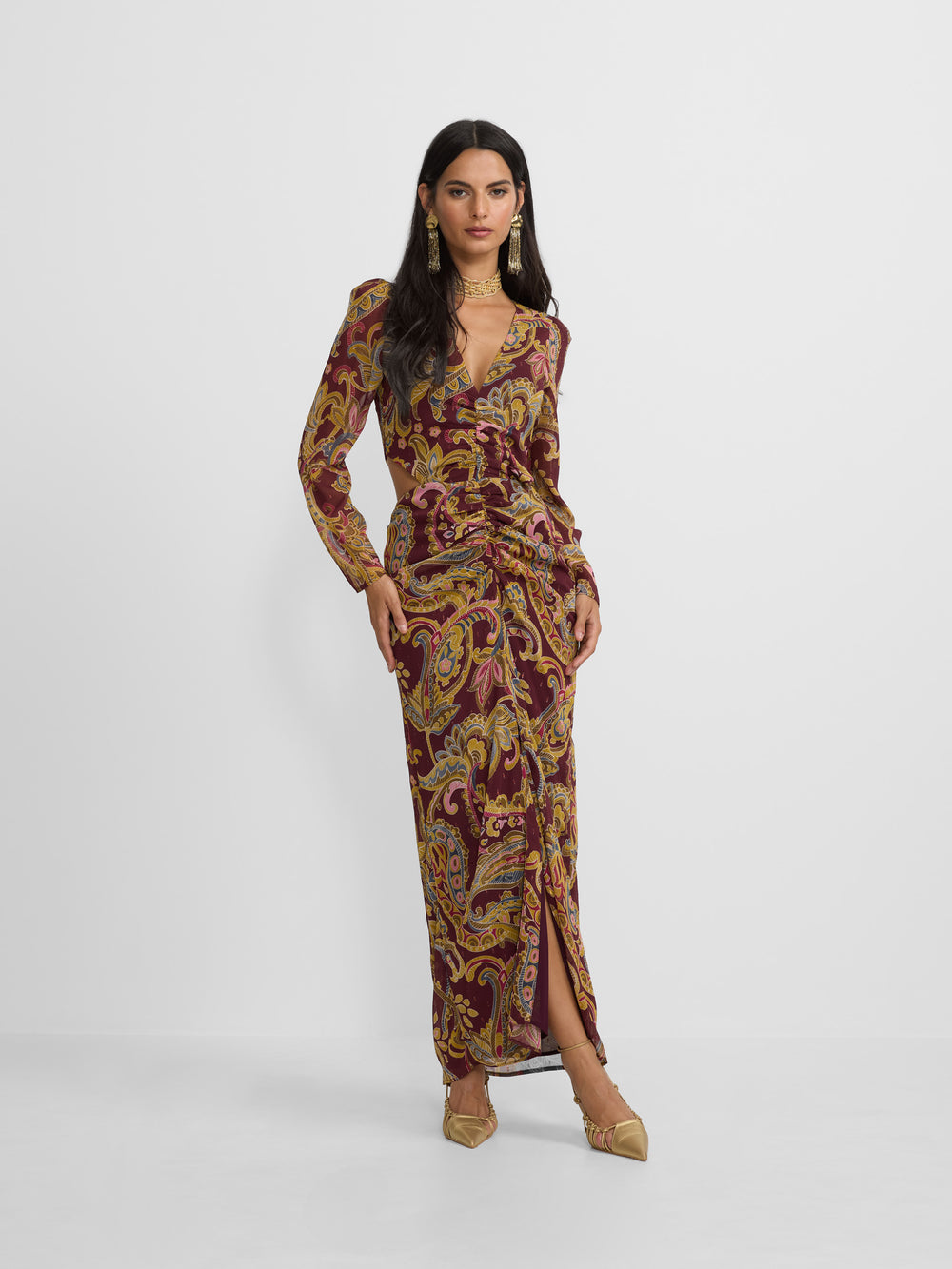 Vestido largo abertura estampado cachemir burdeos
