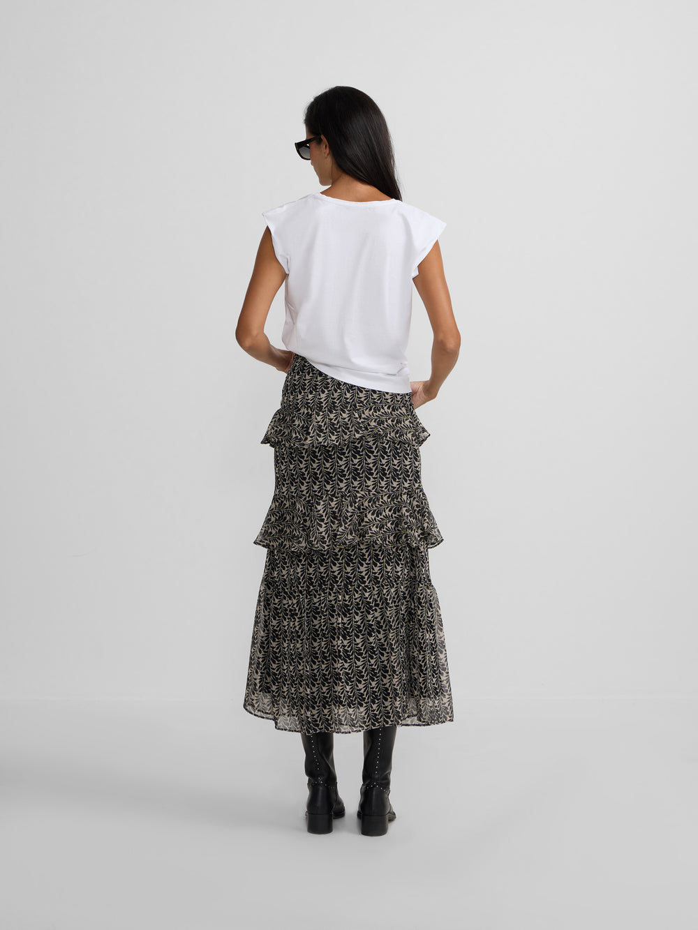 Jupe longue à volants imprimé noir