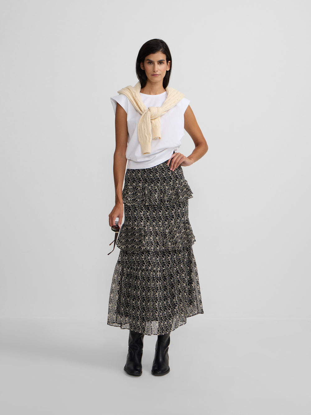 Jupe longue à volants imprimé noir