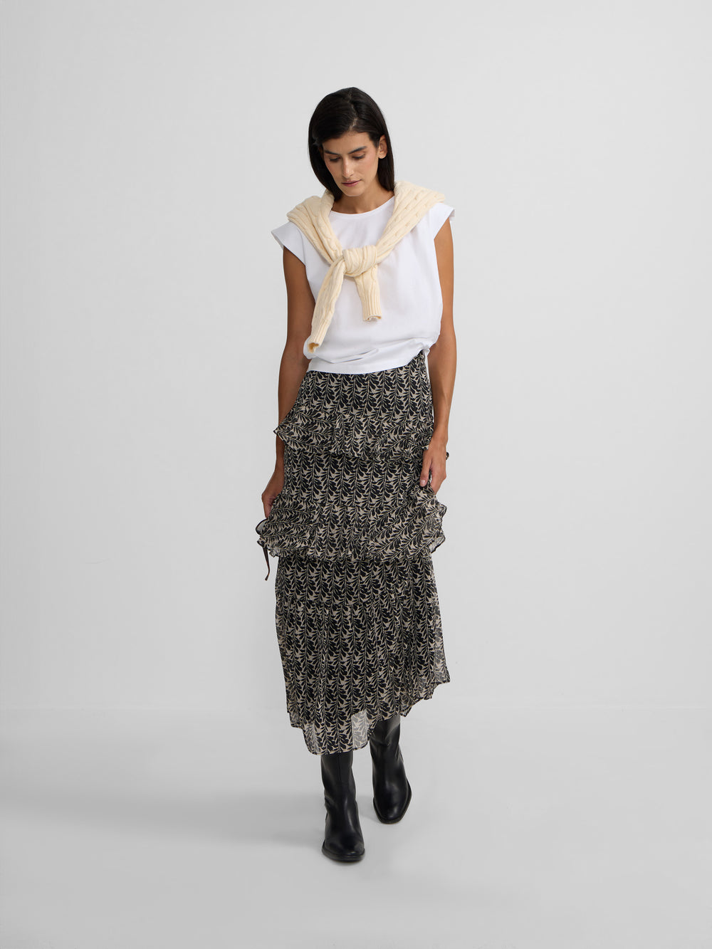 Jupe longue à volants imprimé noir