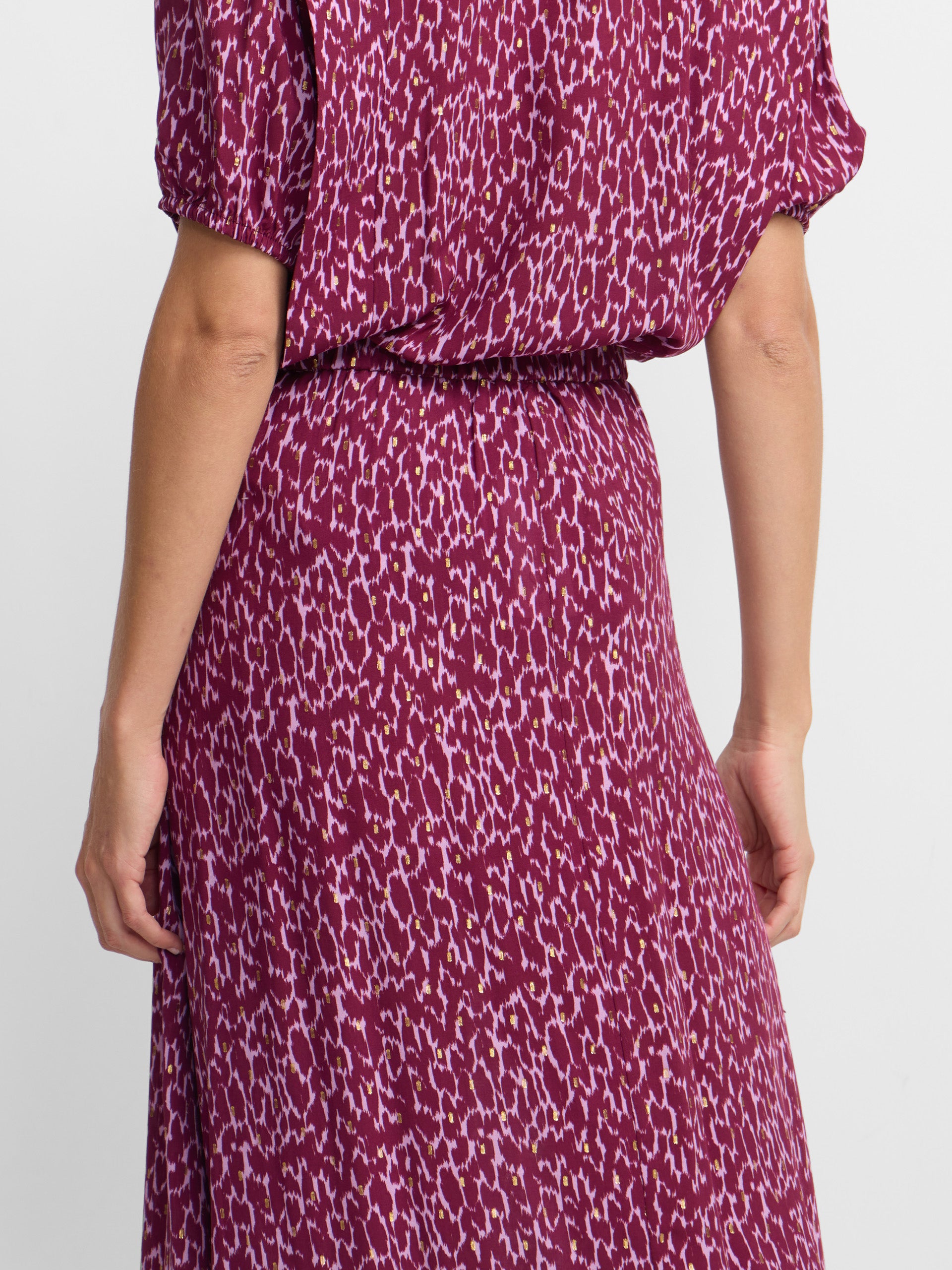 Purple lurex print asymmetrical midi skirt