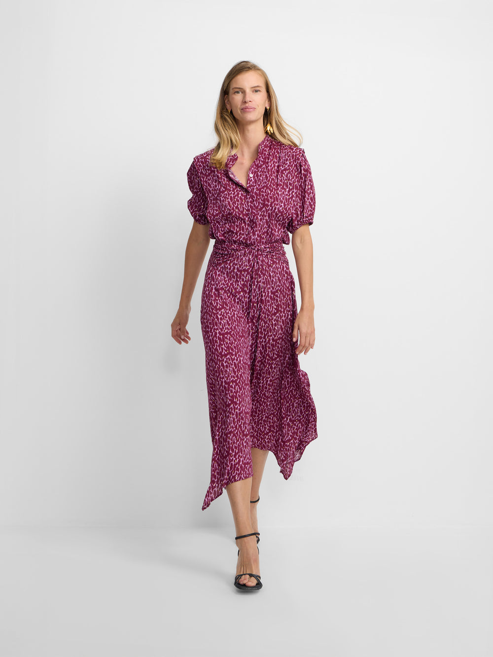 Falda midi asimetrica estampado lurex morados