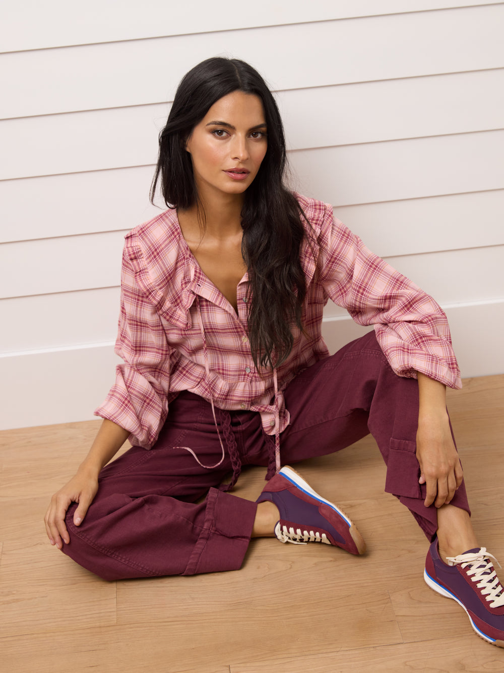 Blusa cuello bobo cuadros rosas