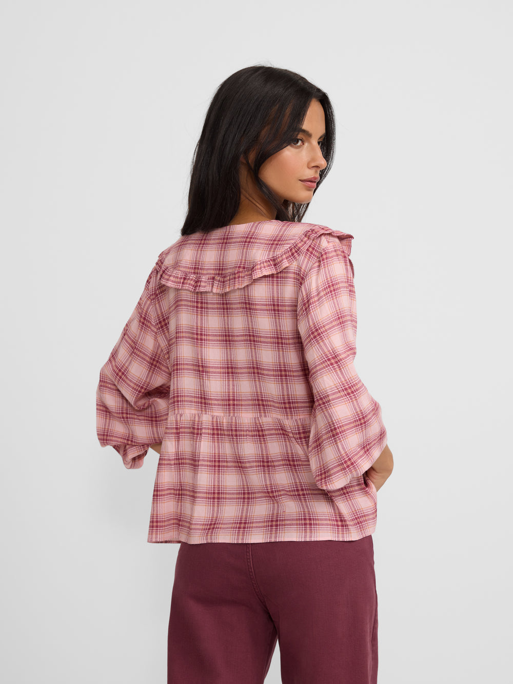 Blusa cuello bobo cuadros rosas