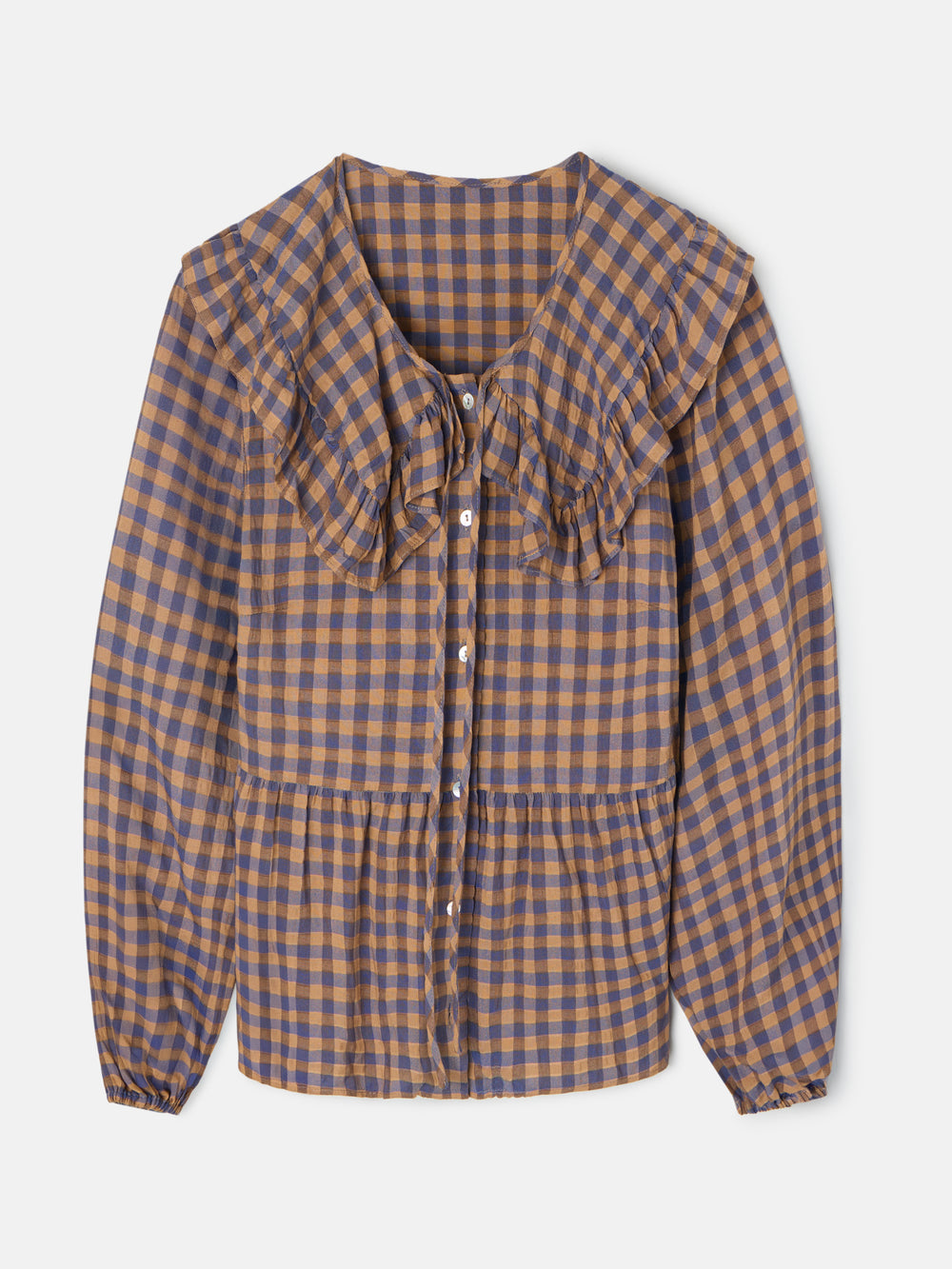 Blue gingham bobo collar blouse