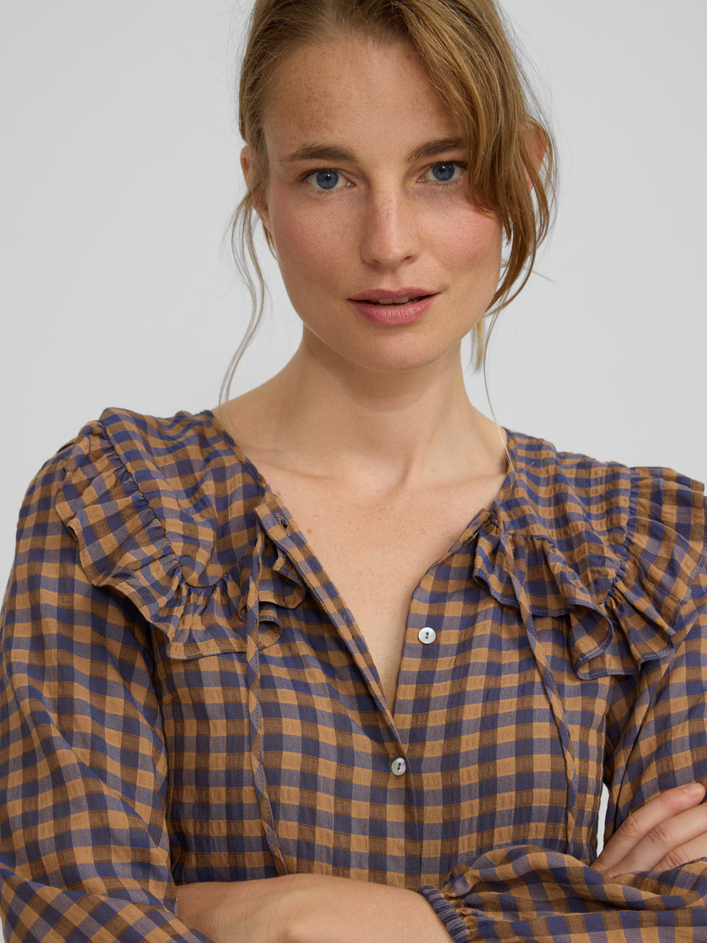 Blue gingham bobo collar blouse