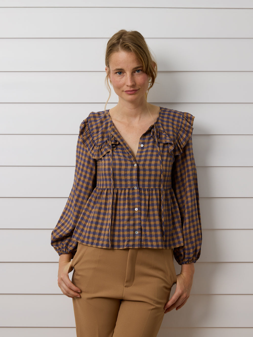 Blue gingham bobo collar blouse