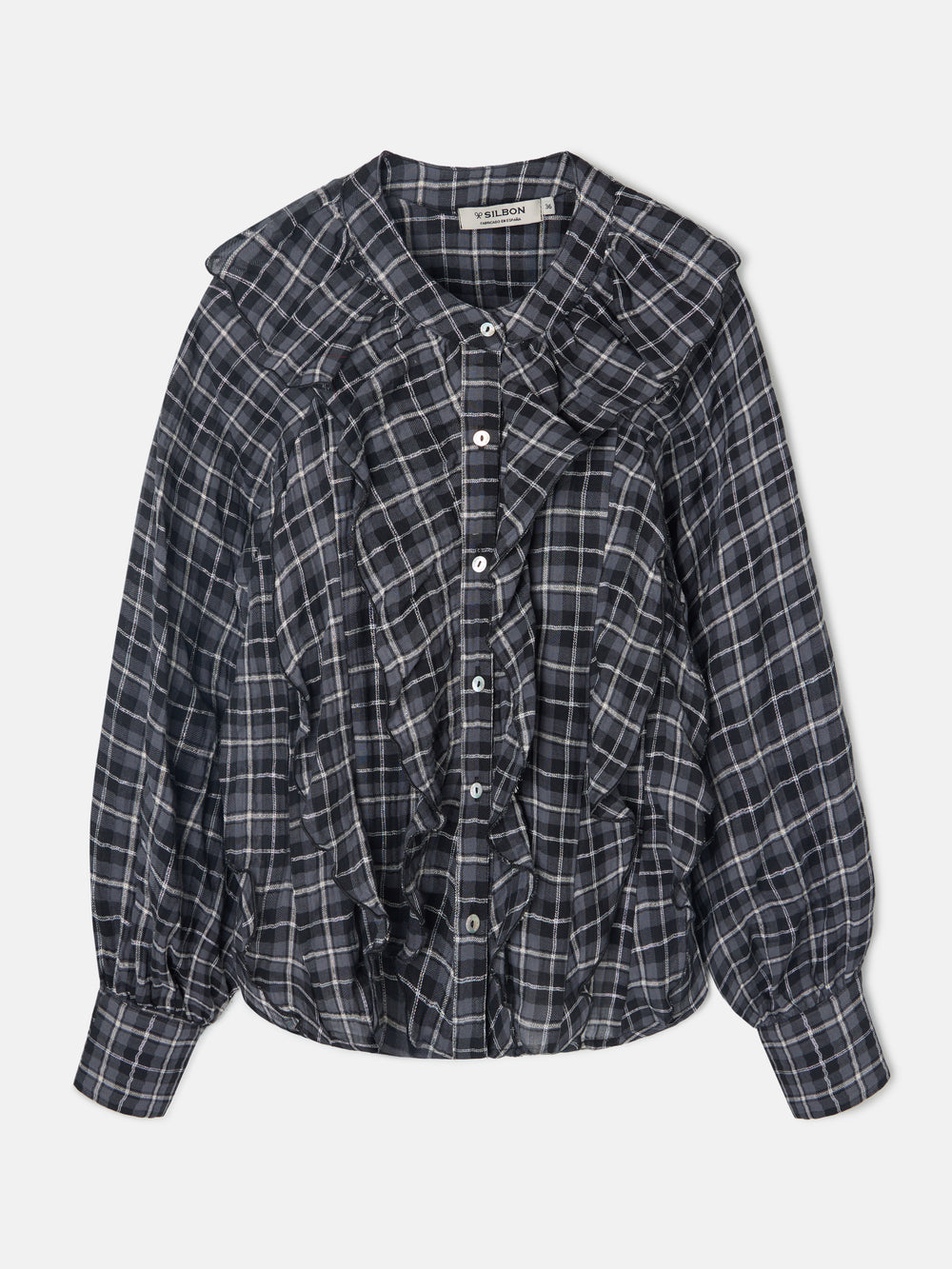 Blusa com folhos e padrão de quadrados pretos