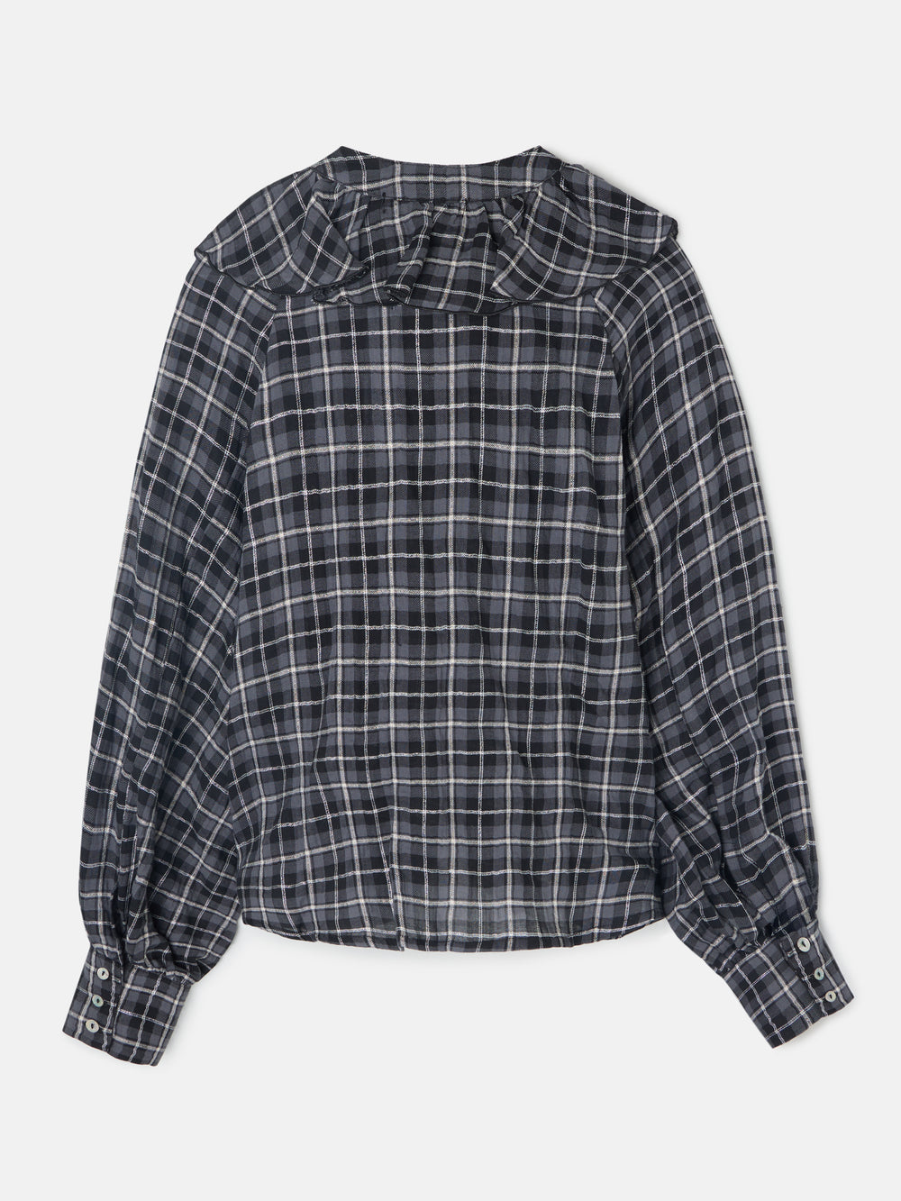 Blusa com folhos e padrão de quadrados pretos