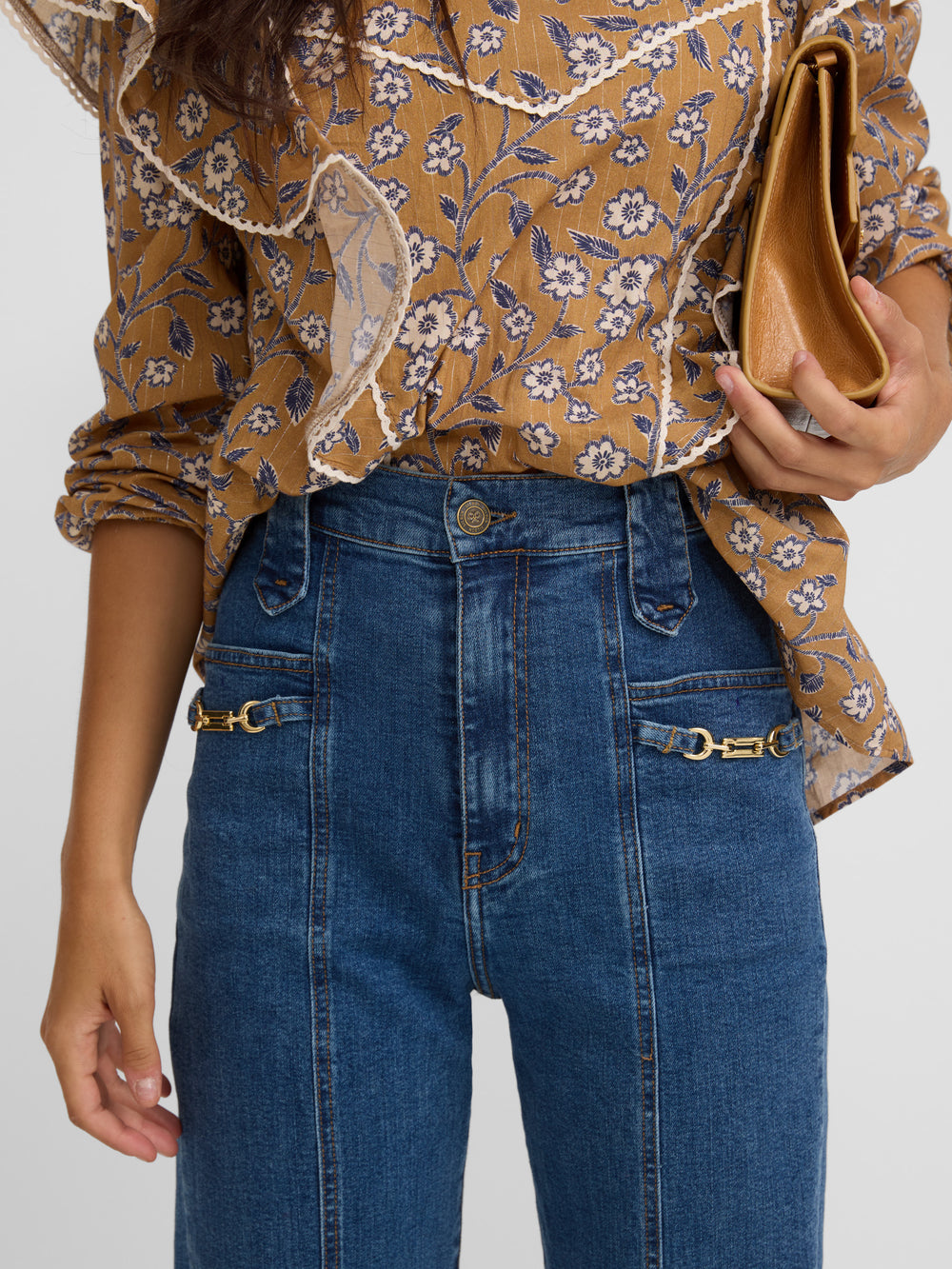 Straight-leg denim pants with buckle detail