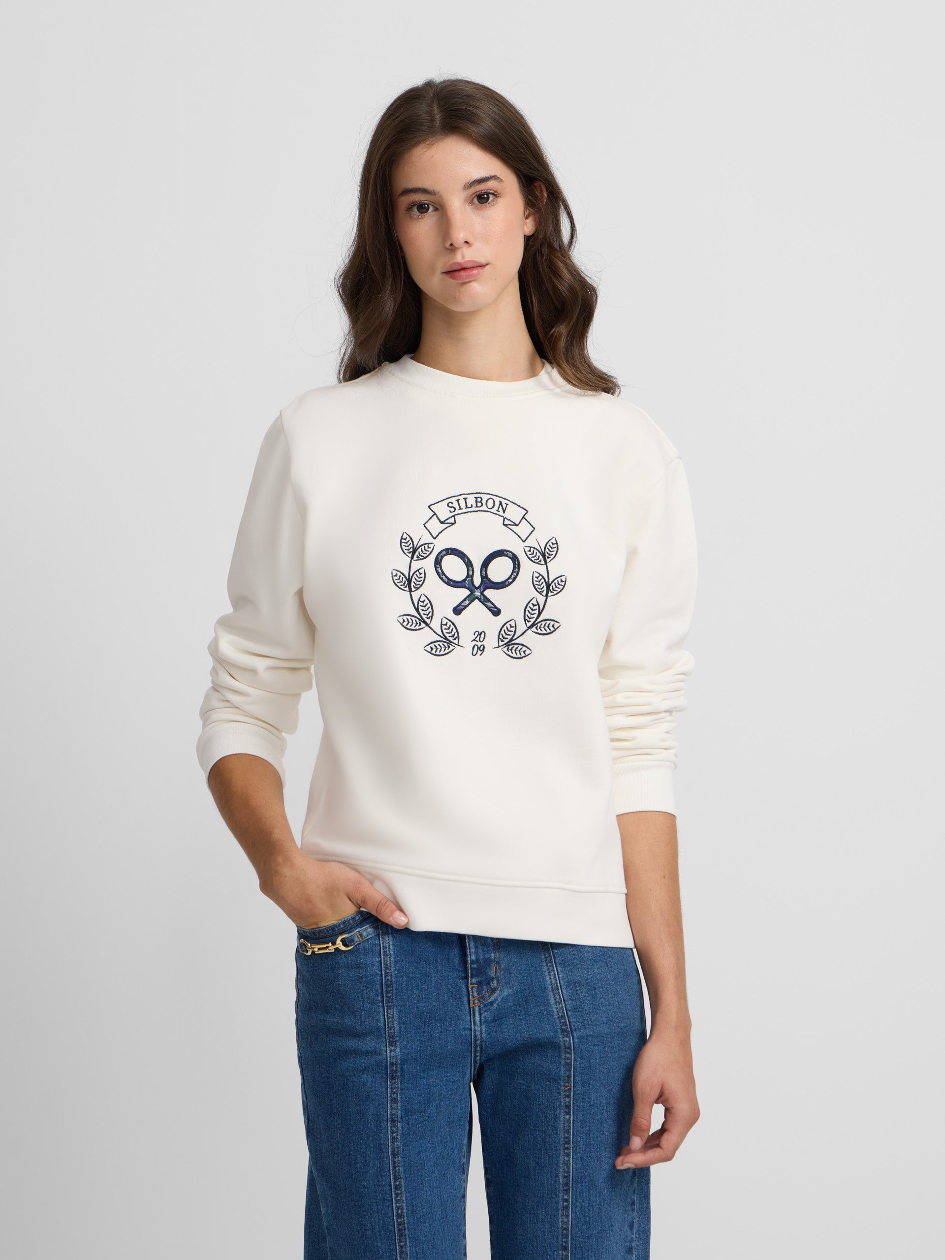 Sweatshirt mulher raquete xadrez cru