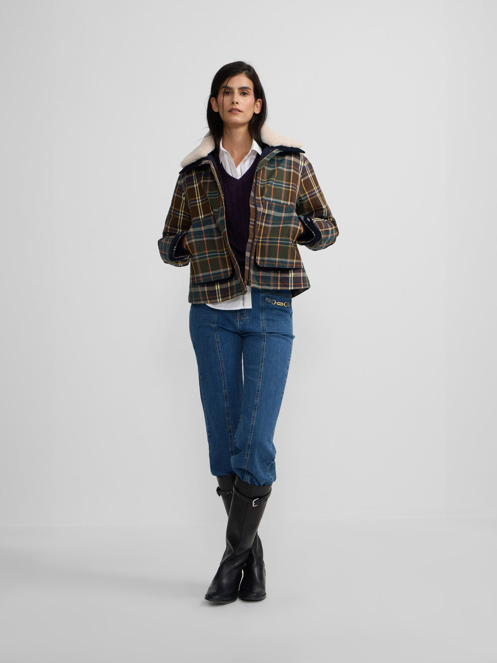 Chaqueta encerada borrego cuadros verdes