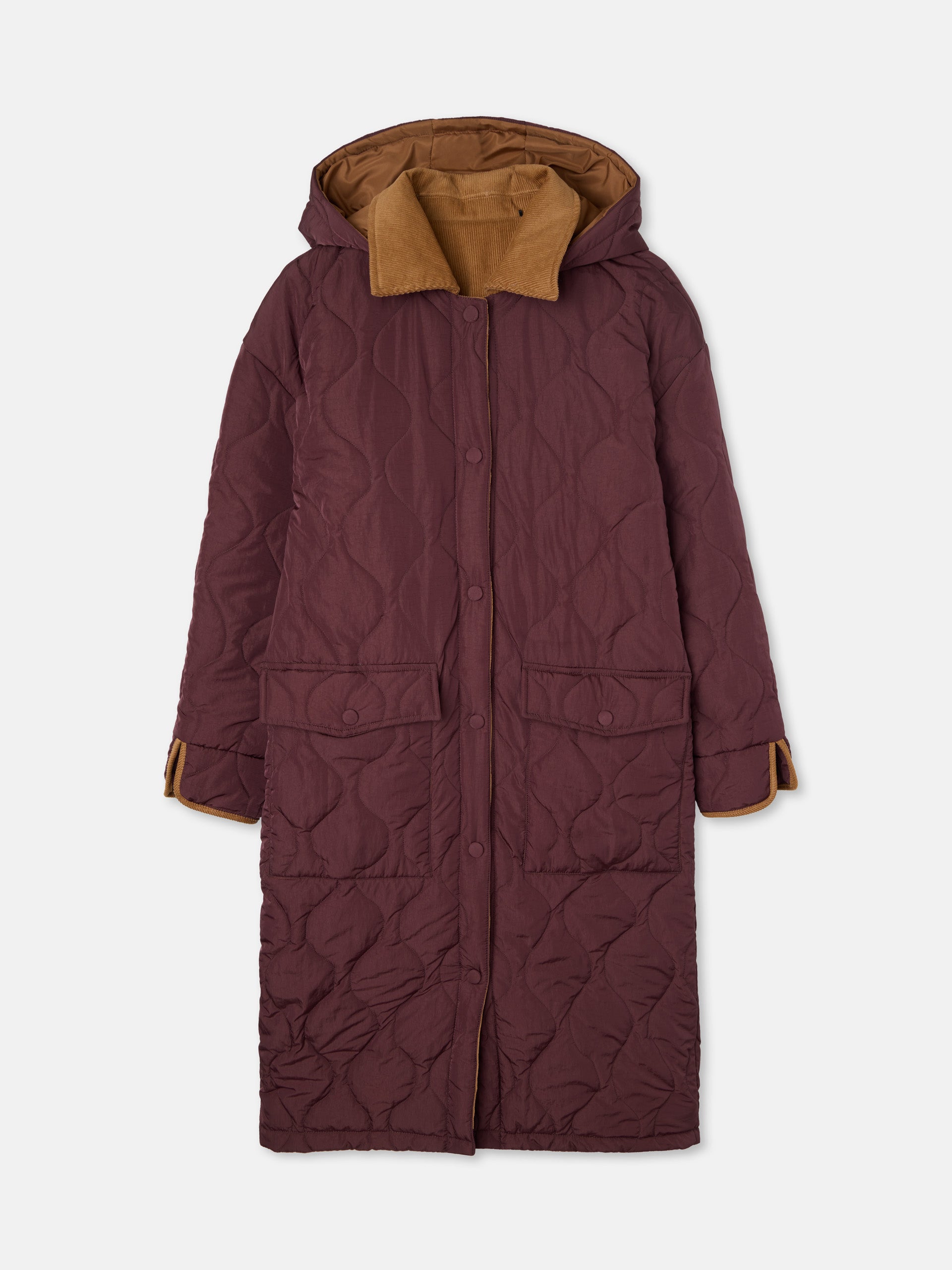 Parka larga acolchada detalles pana burdeos