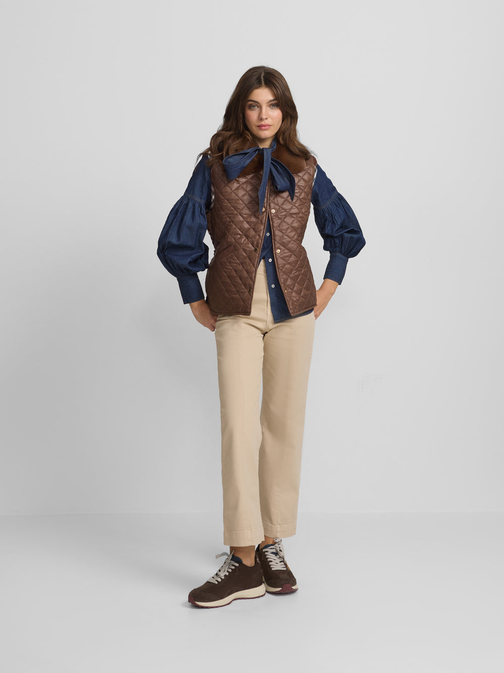 Brown combined fabric padded vest