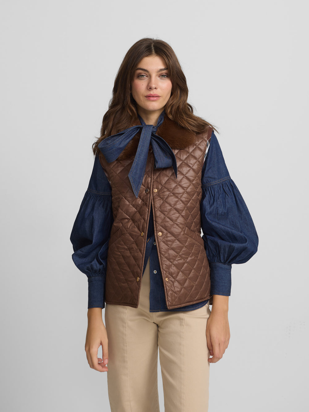 Brown combined fabric padded vest