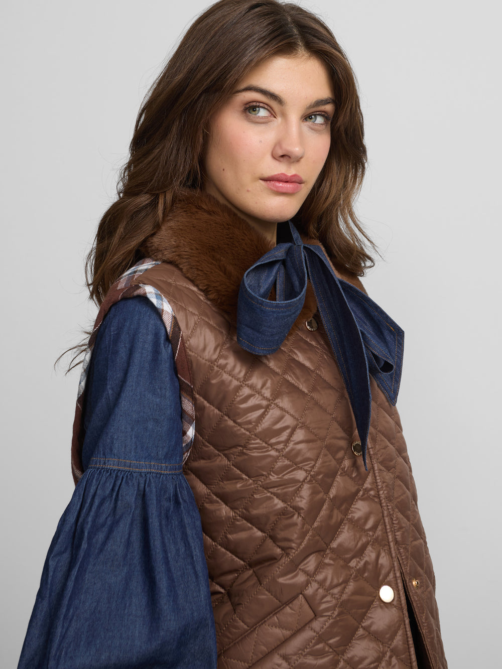 Brown combined fabric padded vest