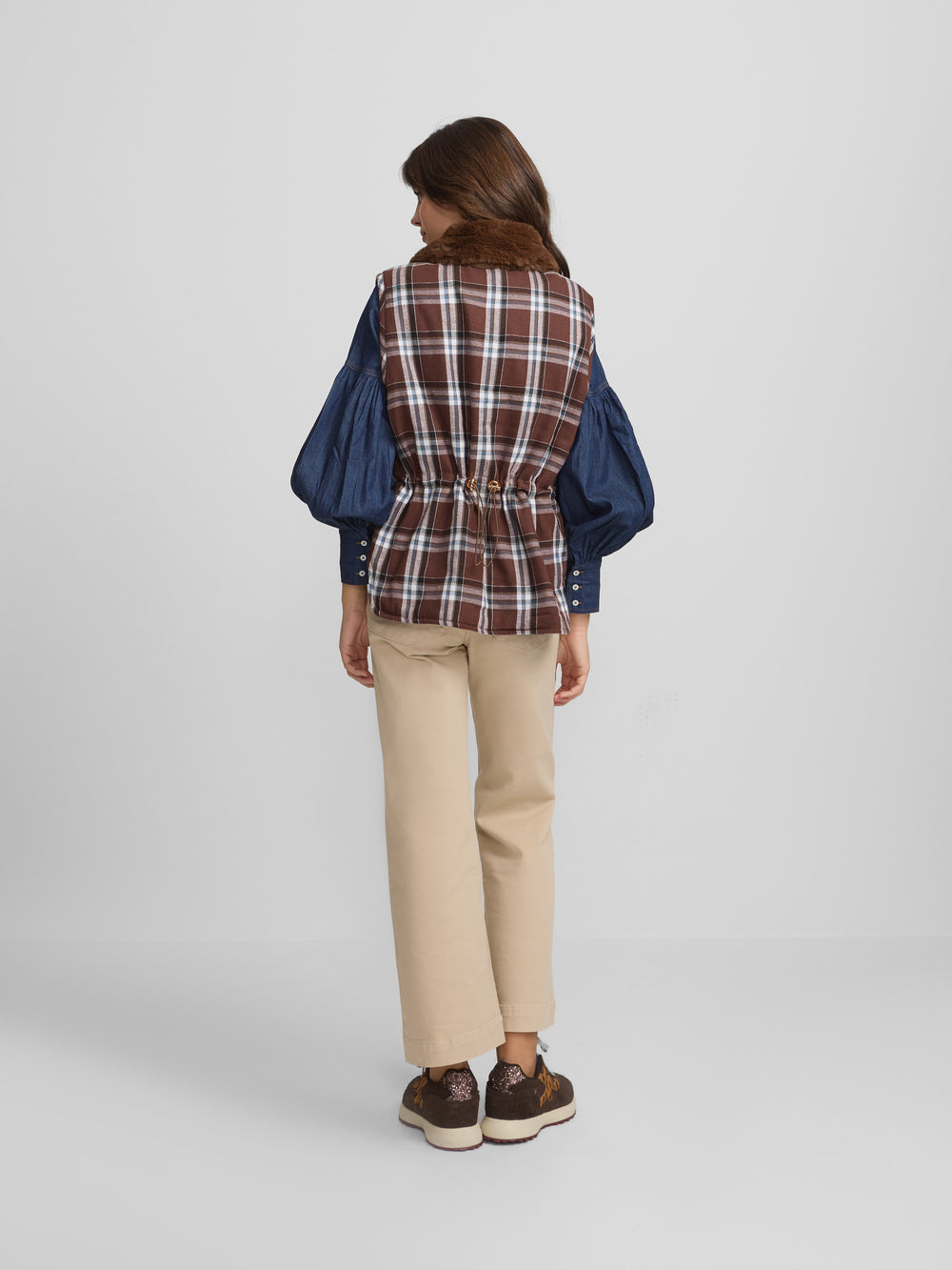 Brown combined fabric padded vest